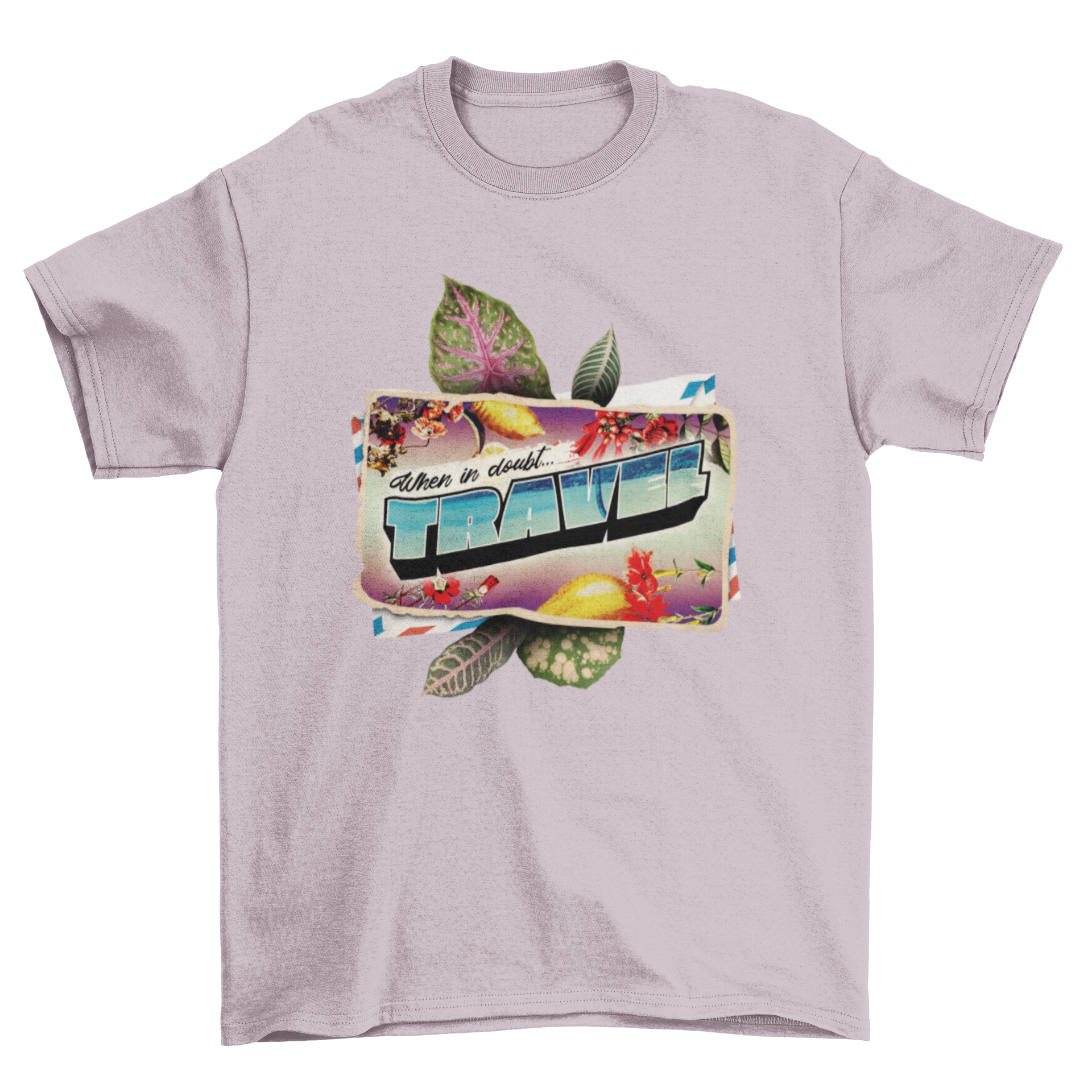 Travel postcard t-shirt design featuring tropical elements and the quote 'When in'.