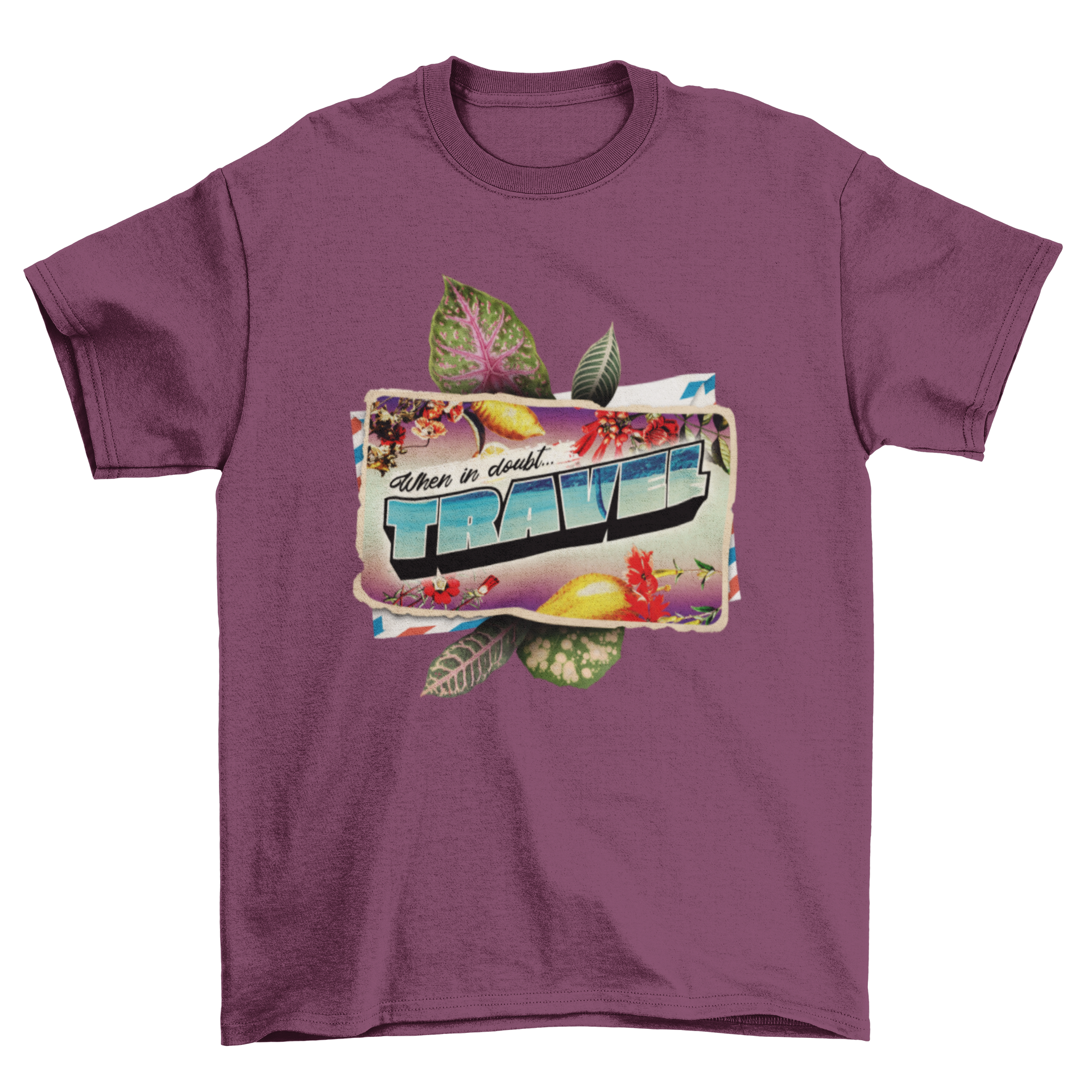 Travel postcard t-shirt design featuring tropical elements and the quote 'When in'.