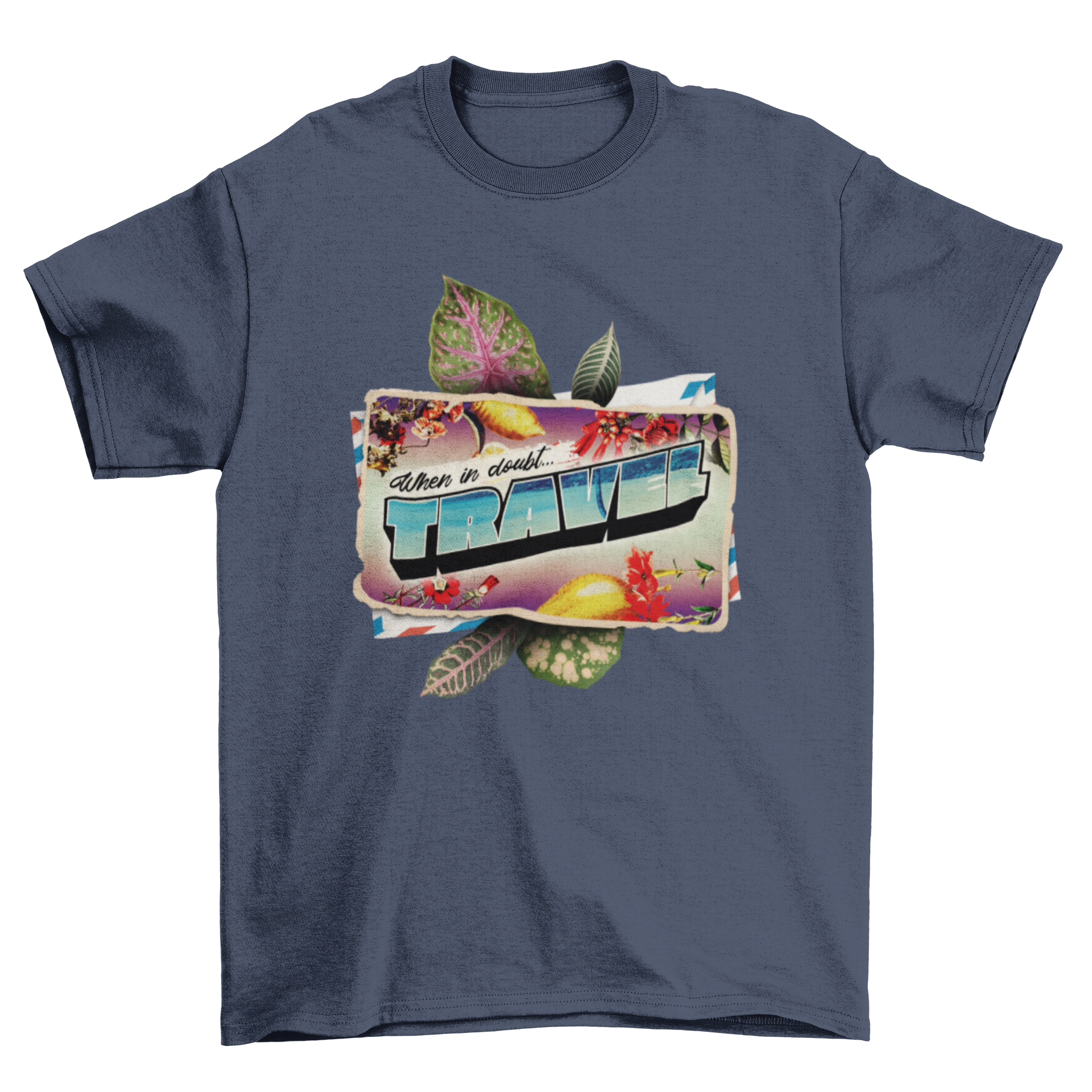 Travel postcard t-shirt design featuring tropical elements and the quote 'When in'.