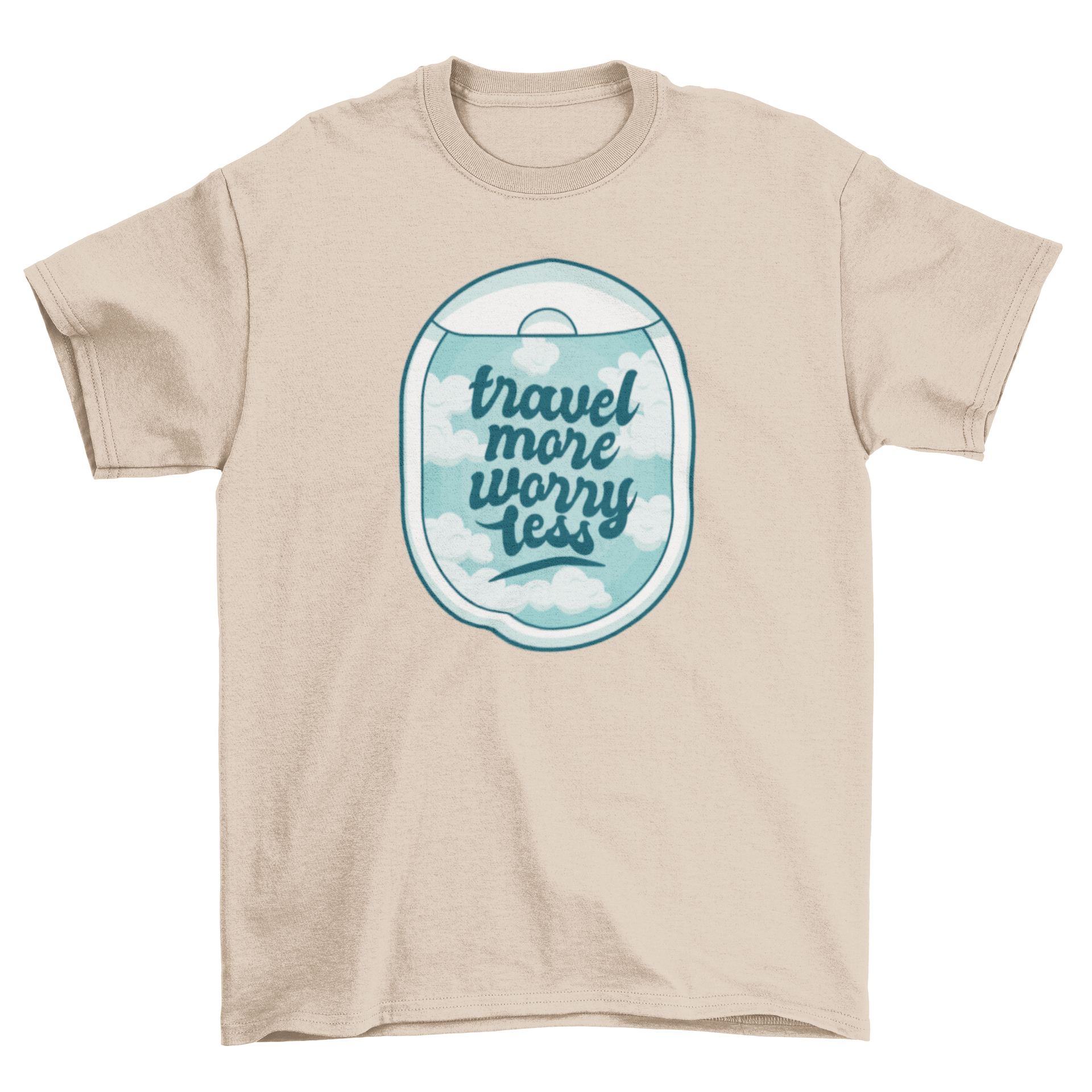 Travel Quote T-Shirt featuring a plane window design and the quote 'Travel more worry less'.