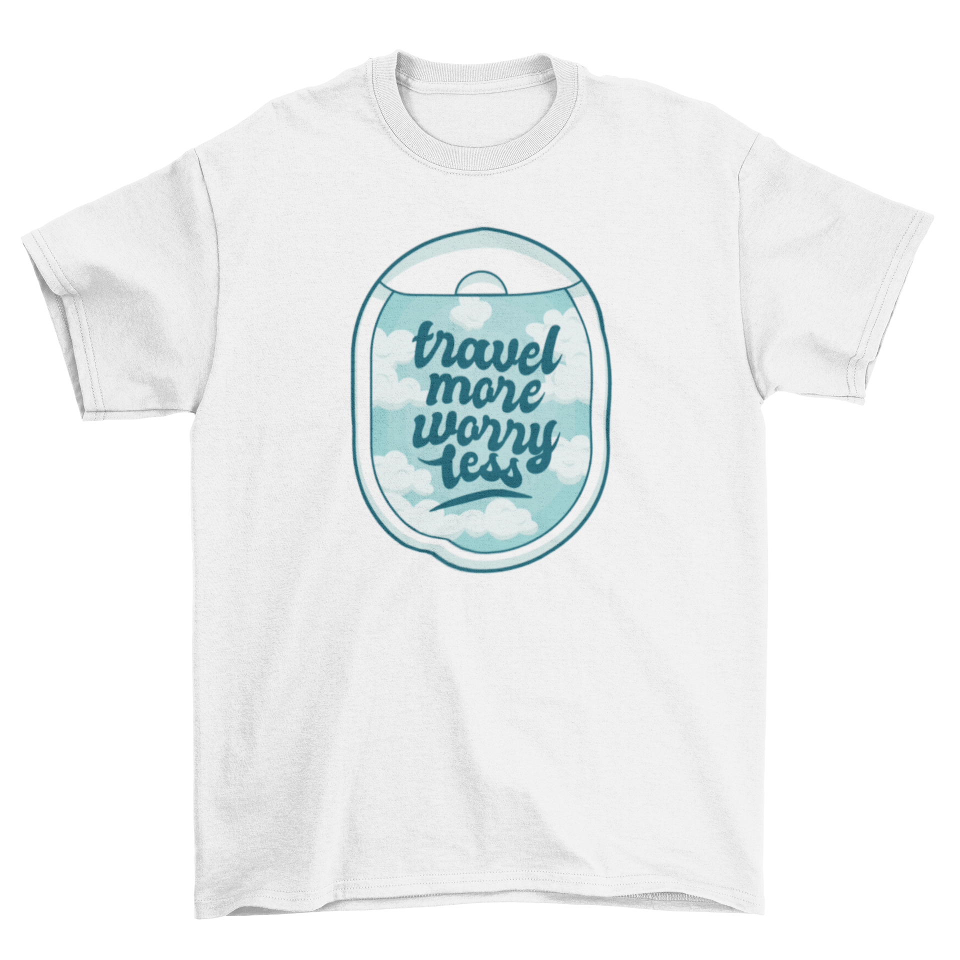 Travel Quote T-Shirt featuring a plane window design and the quote 'Travel more worry less'.