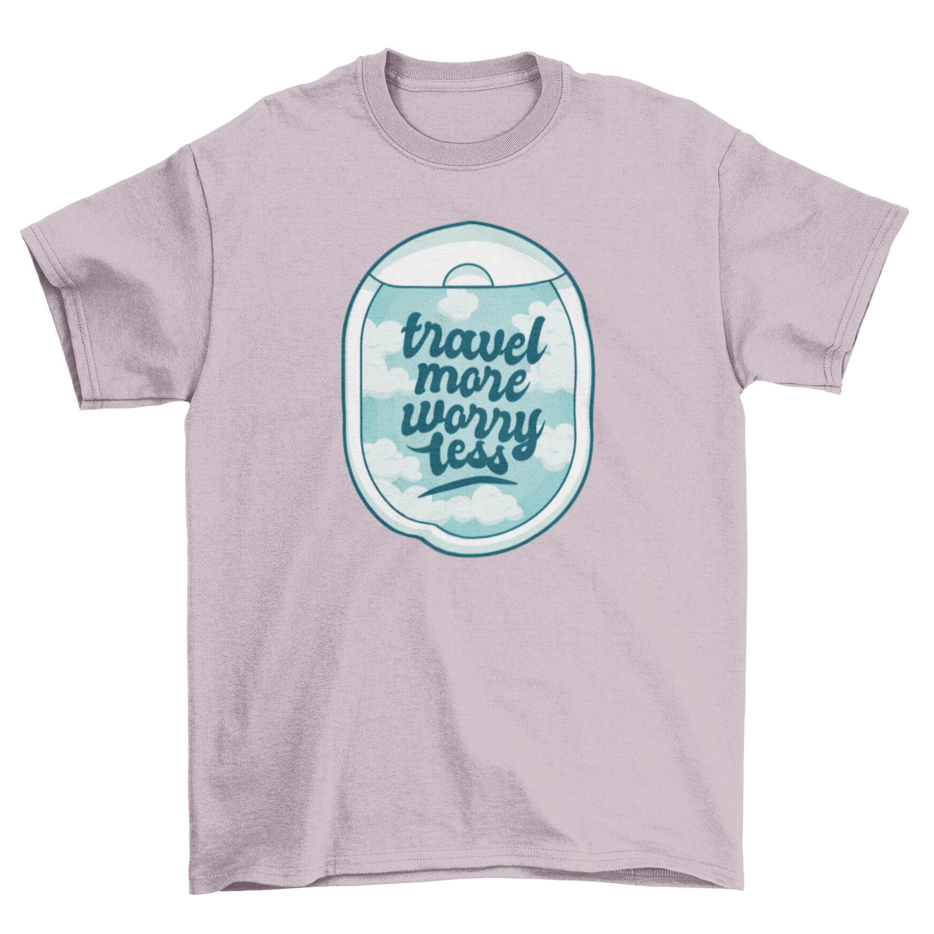 Travel Quote T-Shirt featuring a plane window design and the quote 'Travel more worry less'.