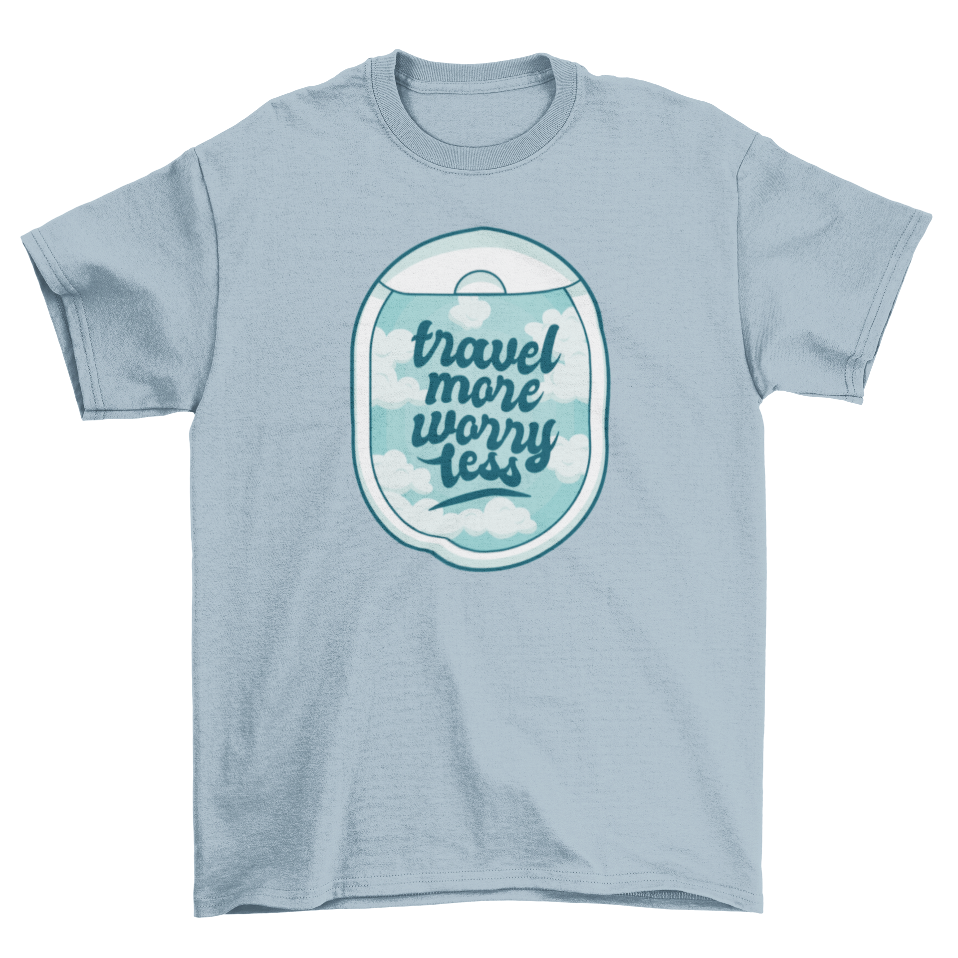 Travel Quote T-Shirt featuring a plane window design and the quote 'Travel more worry less'.