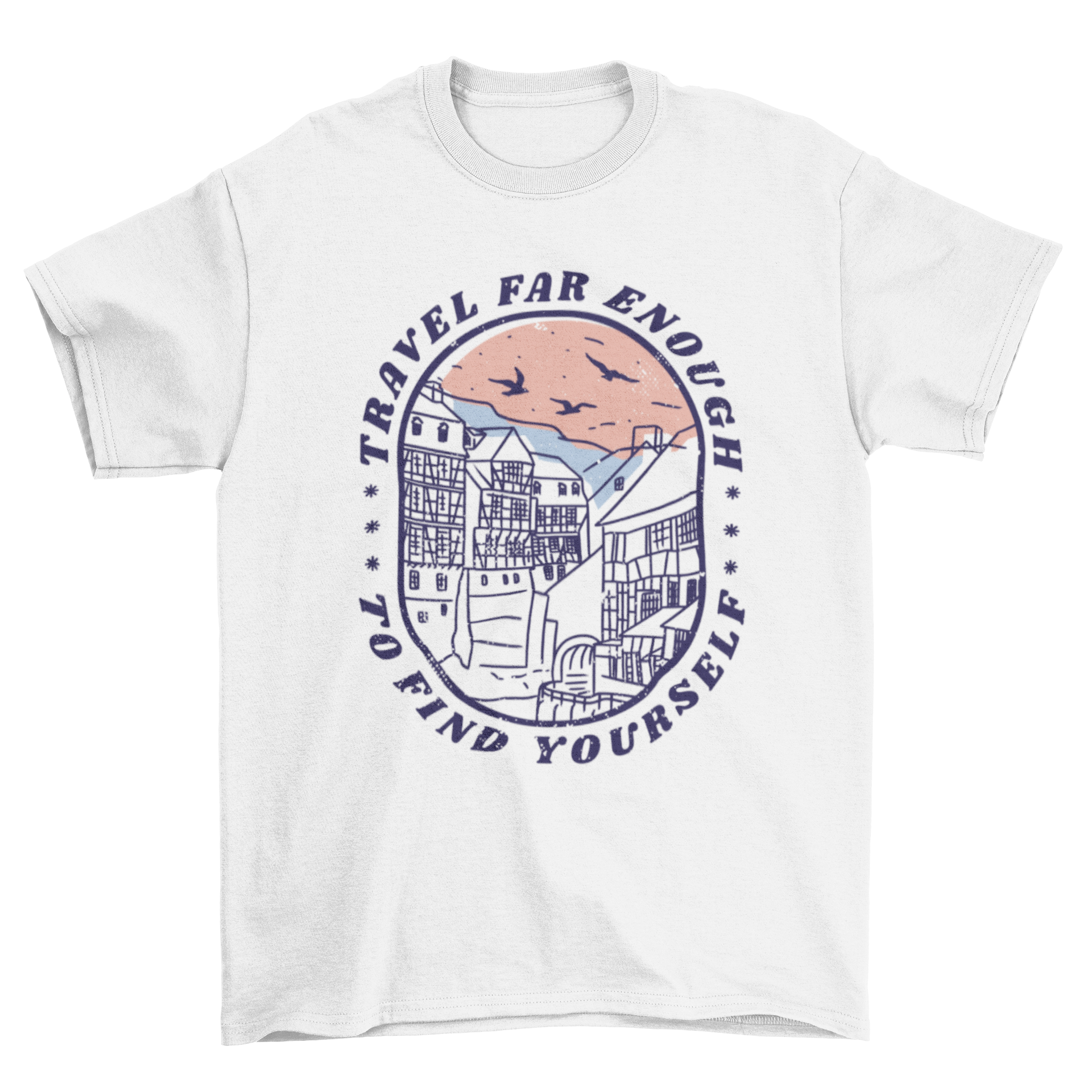 Travel Quote T-shirt featuring the quote 'Travel far enough to find yourself' with a beautiful landscape design.