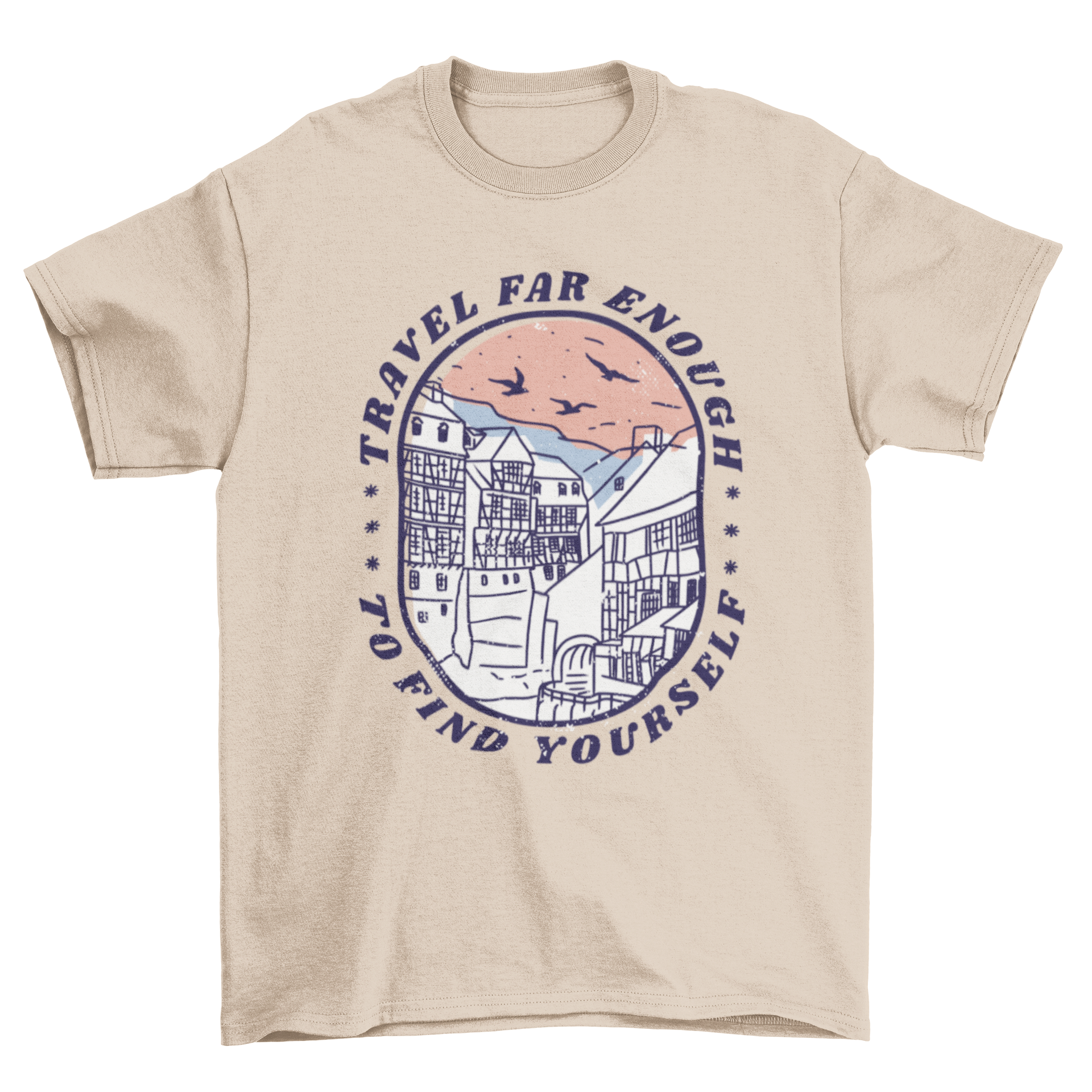 Travel Quote T-shirt featuring the quote 'Travel far enough to find yourself' with a beautiful landscape design.