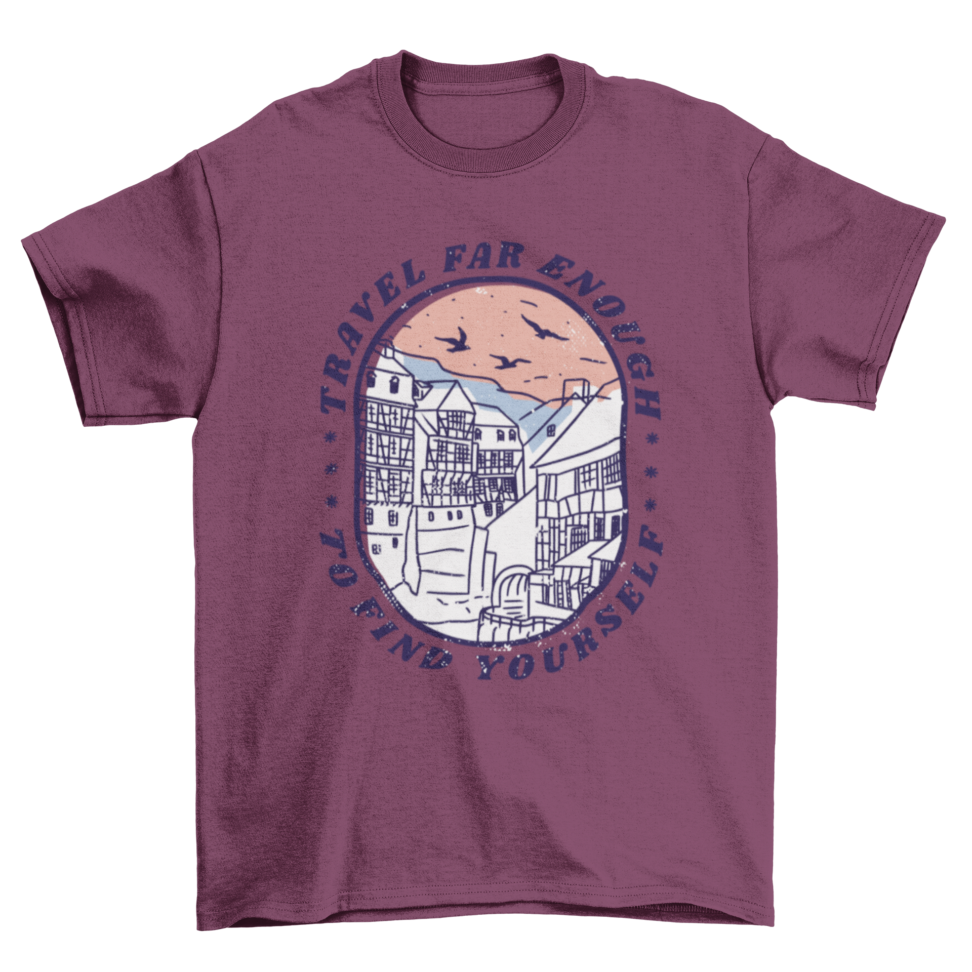 Travel Quote T-shirt featuring the quote 'Travel far enough to find yourself' with a beautiful landscape design.