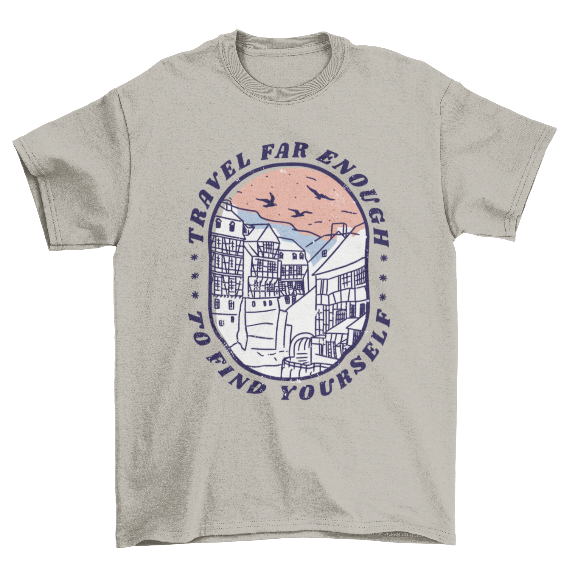 Travel Quote T-shirt featuring the quote 'Travel far enough to find yourself' with a beautiful landscape design.