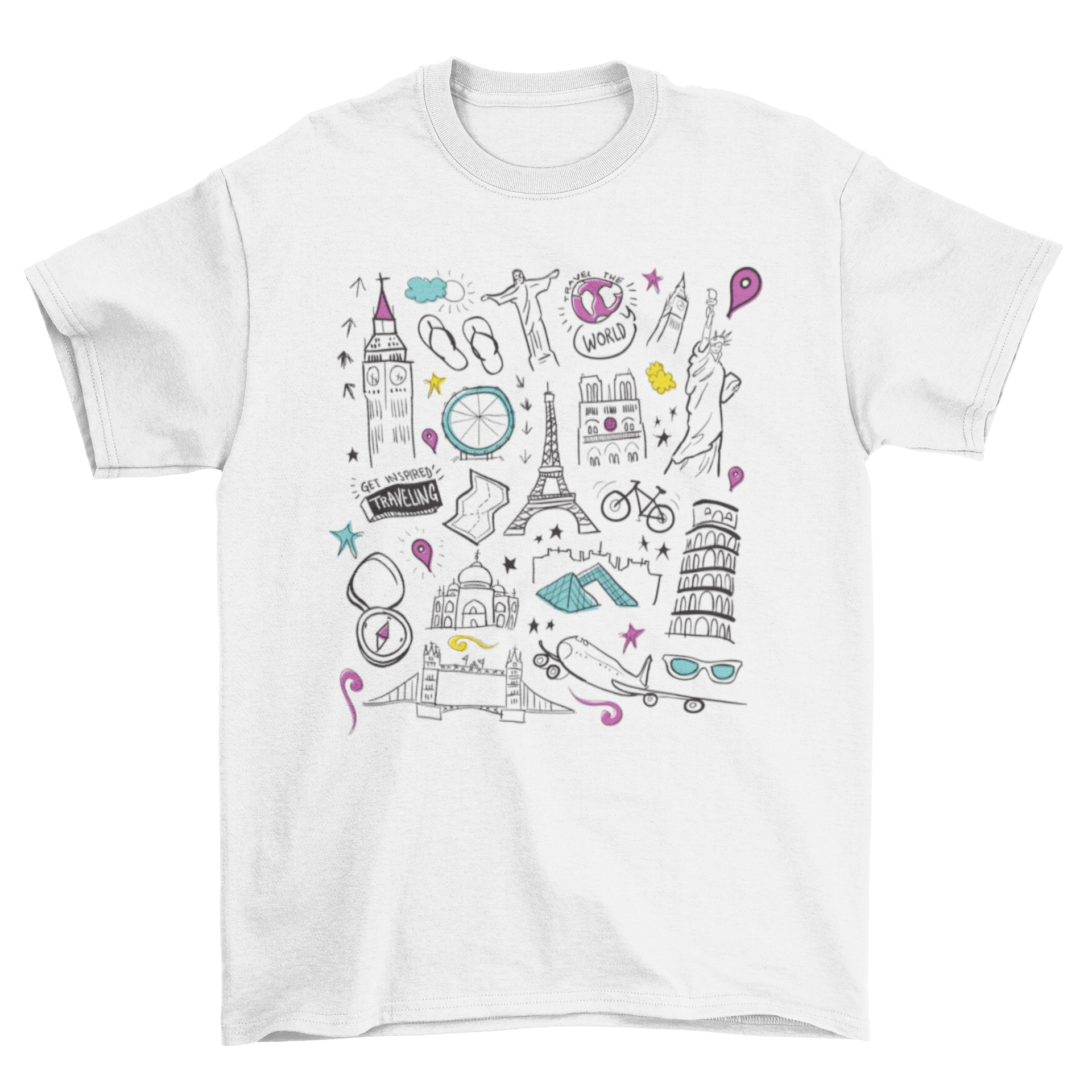 Travel t-shirt featuring doodles of famous landmarks like Eiffel Tower, Leaning Tower of Pisa, and Statue of Liberty.