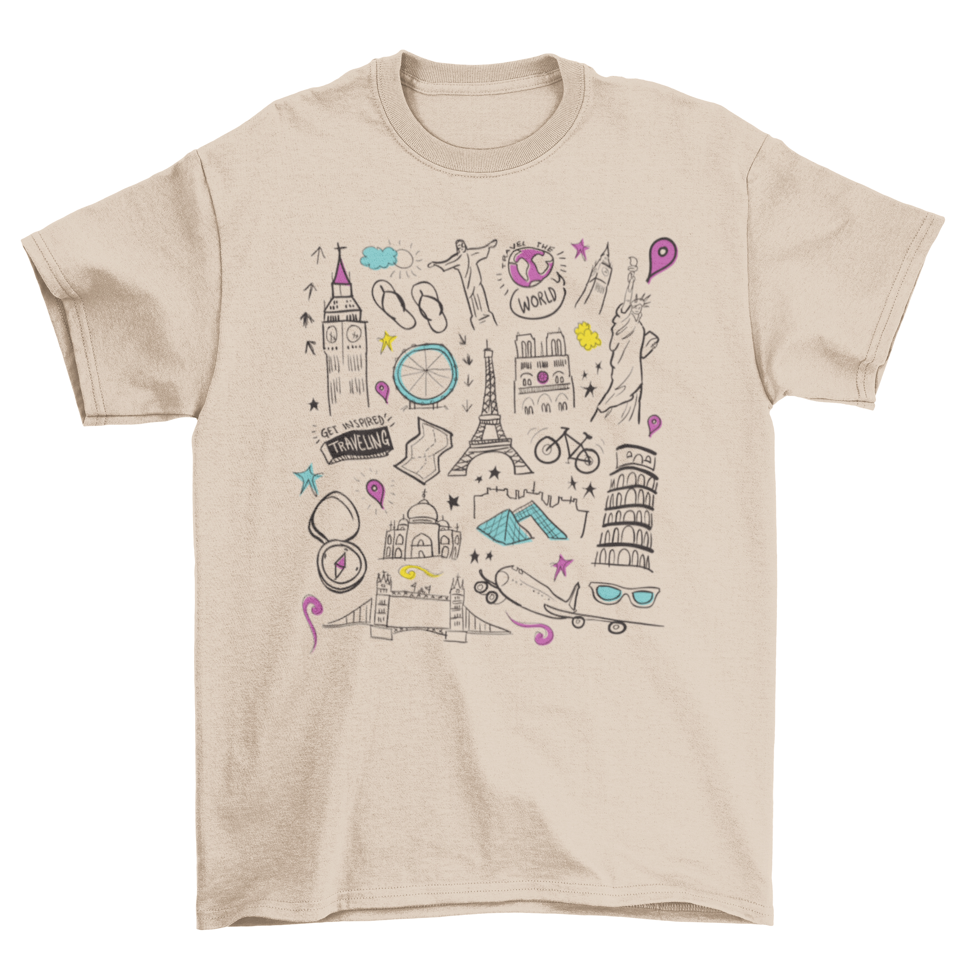 Travel t-shirt featuring doodles of famous landmarks like Eiffel Tower, Leaning Tower of Pisa, and Statue of Liberty.