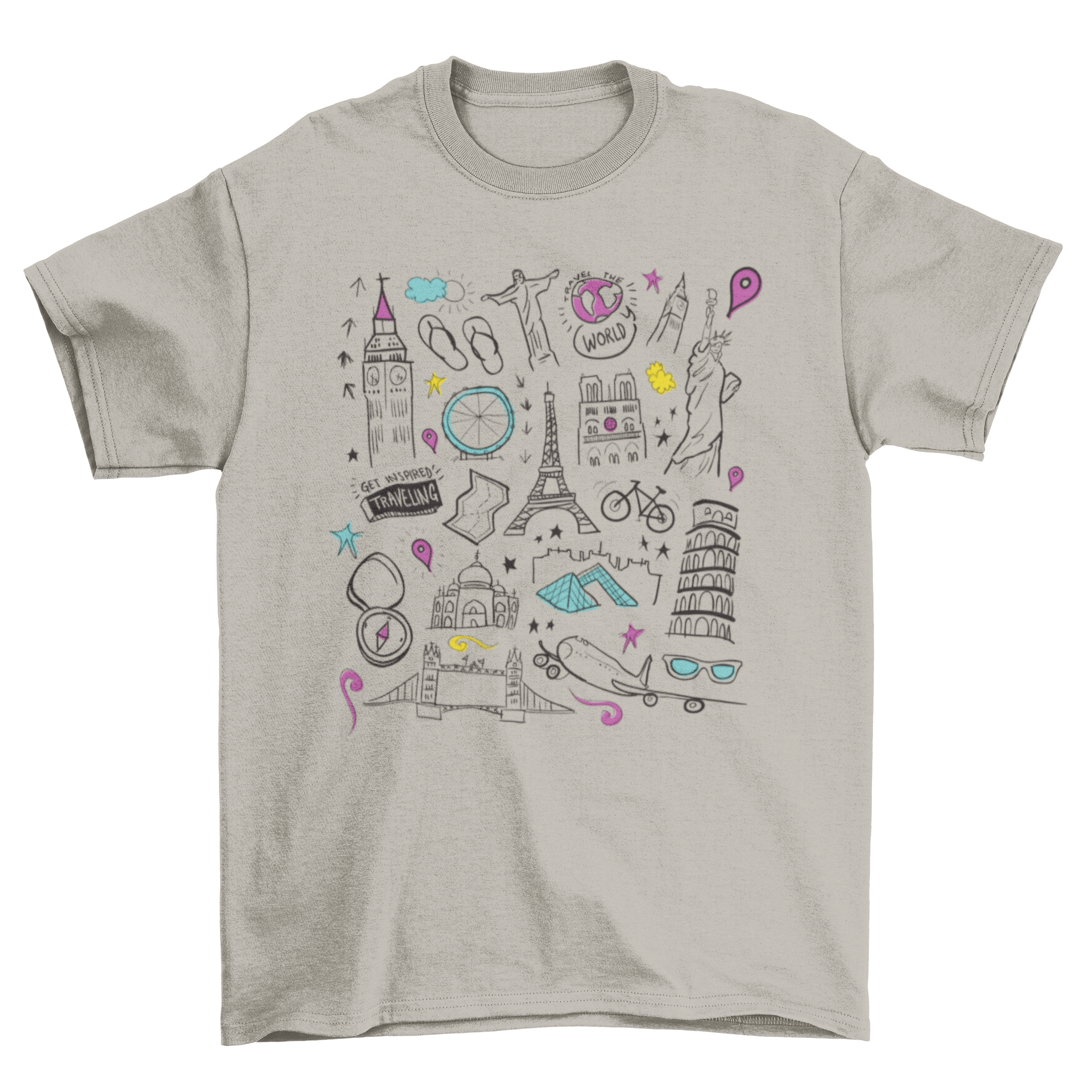 Travel t-shirt featuring doodles of famous landmarks like Eiffel Tower, Leaning Tower of Pisa, and Statue of Liberty.