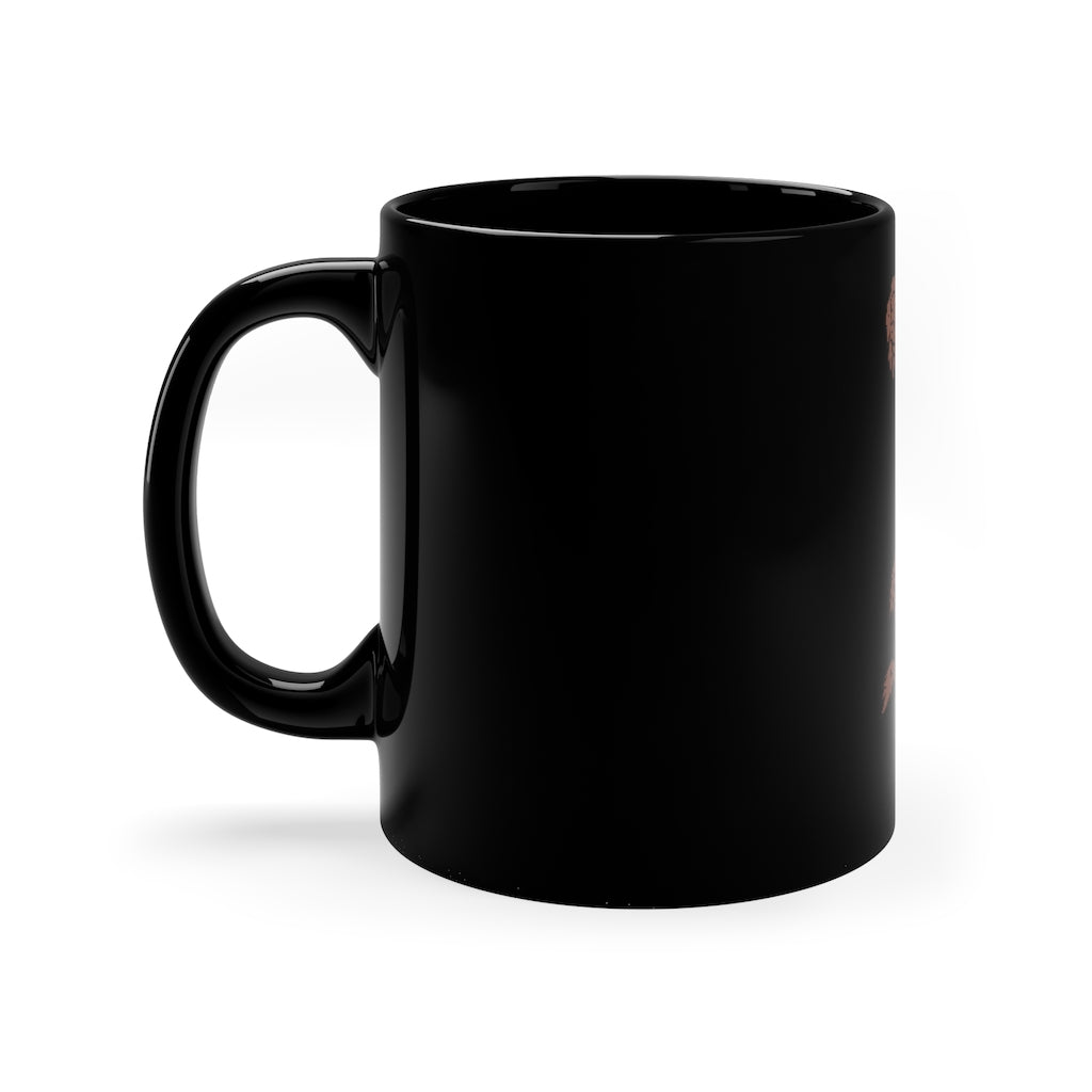 A sleek 11oz black ceramic mug with a C-handle, perfect for coffee, tea, or hot chocolate, showcasing customizable design options.