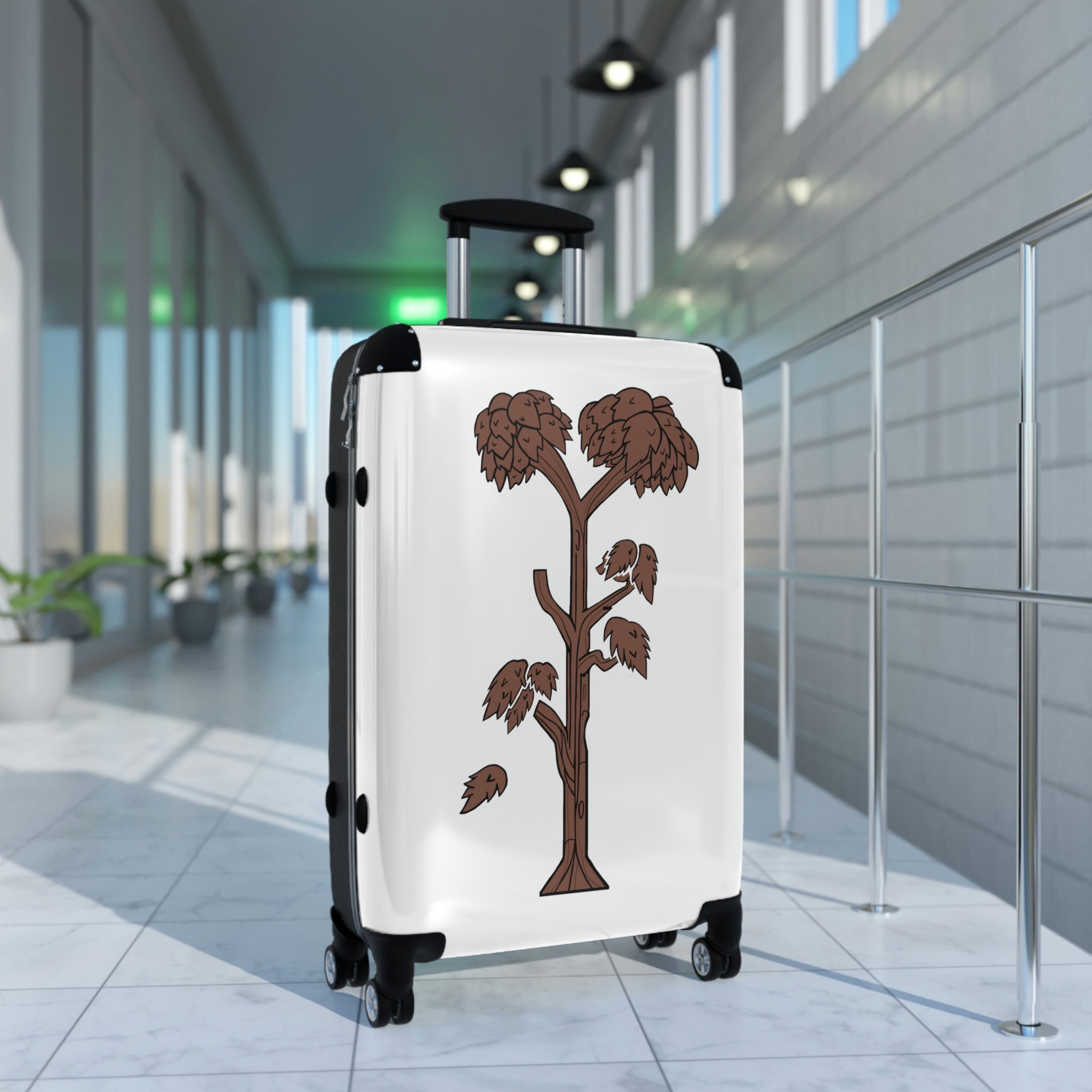 Tree Cabin Suitcase with personalized design, showcasing its polycarbonate shell and adjustable handle.