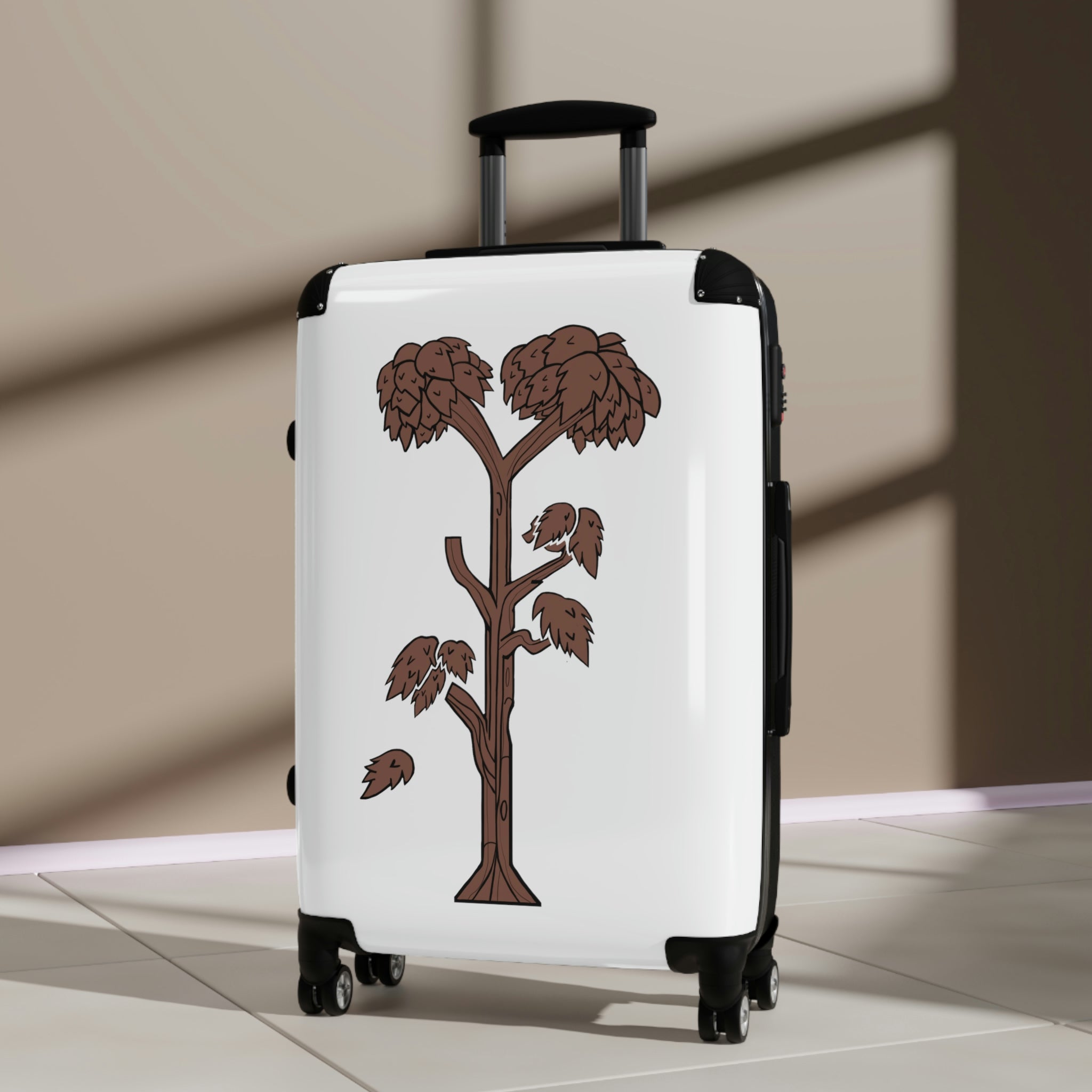 Tree Cabin Suitcase with personalized design, showcasing its polycarbonate shell and adjustable handle.