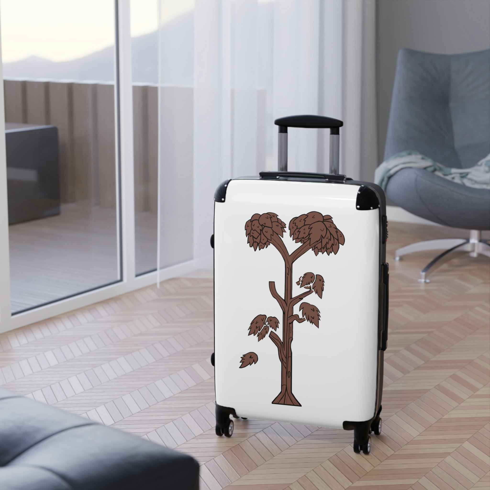 Tree Cabin Suitcase with personalized design, showcasing its polycarbonate shell and adjustable handle.