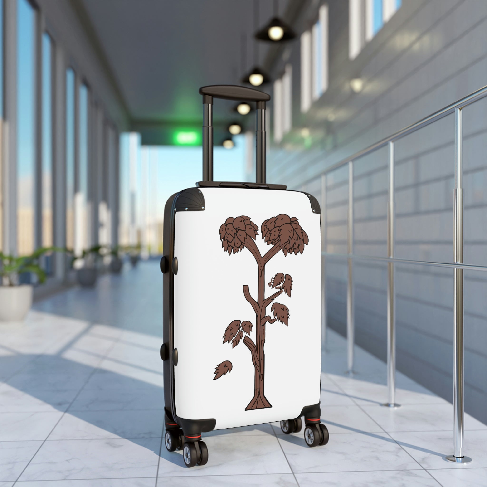 Tree Cabin Suitcase with personalized design, showcasing its polycarbonate shell and adjustable handle.