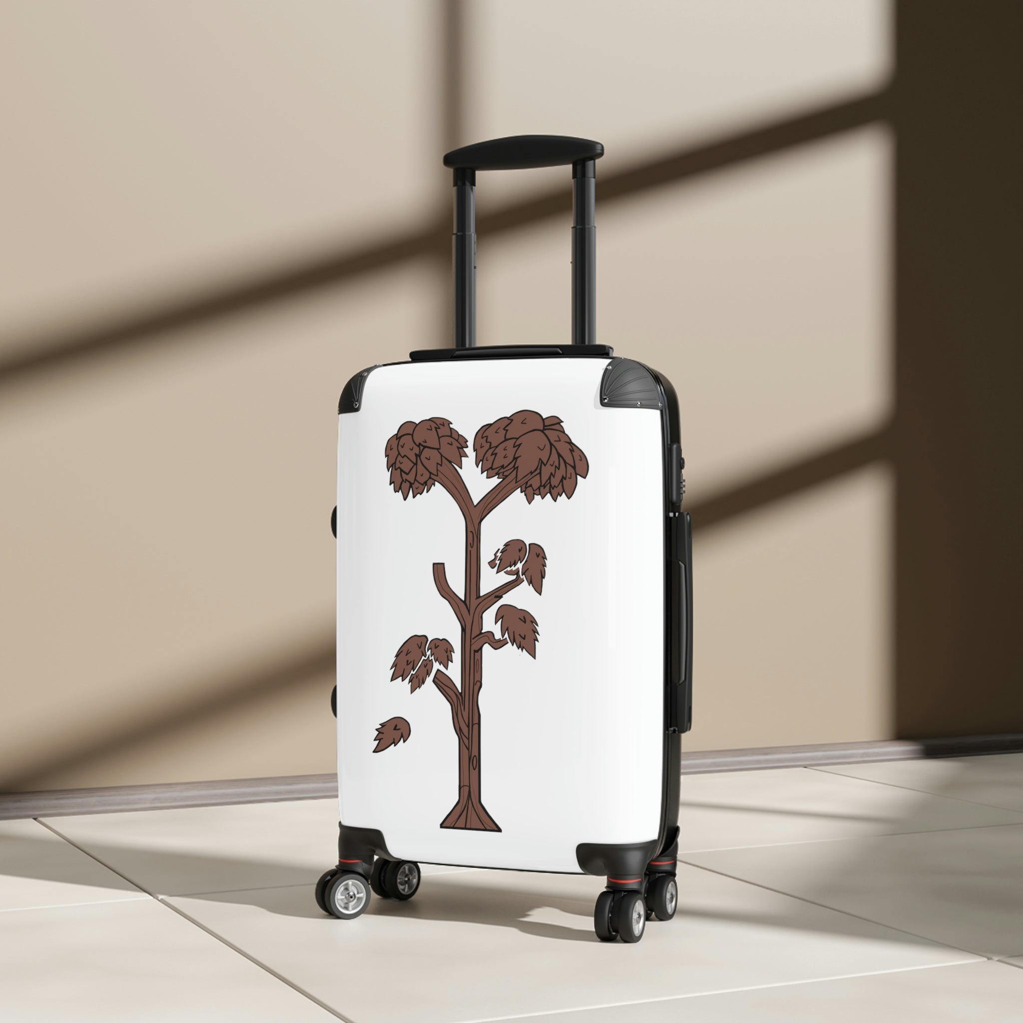 Tree Cabin Suitcase with personalized design, showcasing its polycarbonate shell and adjustable handle.