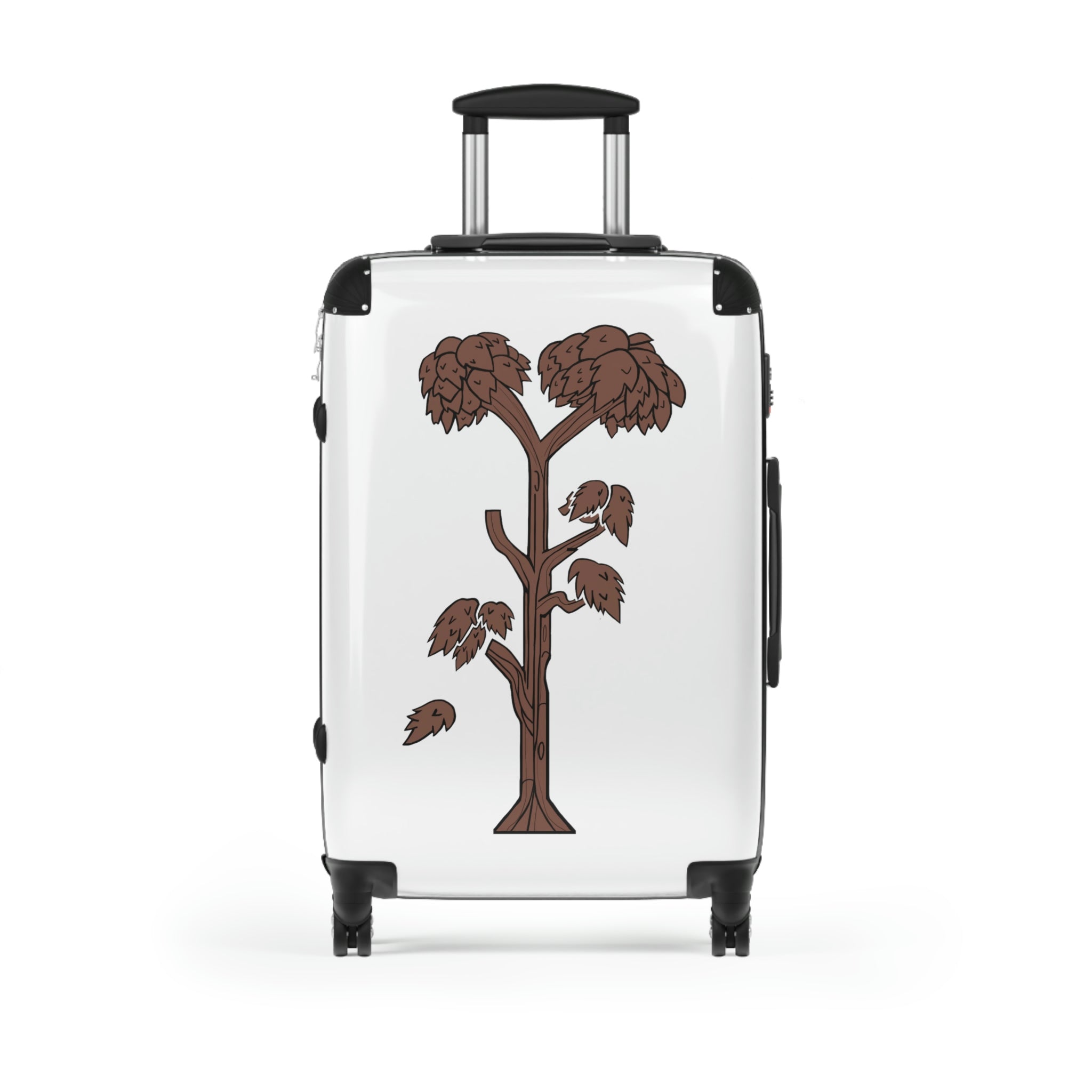 Tree Cabin Suitcase with personalized design, showcasing its polycarbonate shell and adjustable handle.