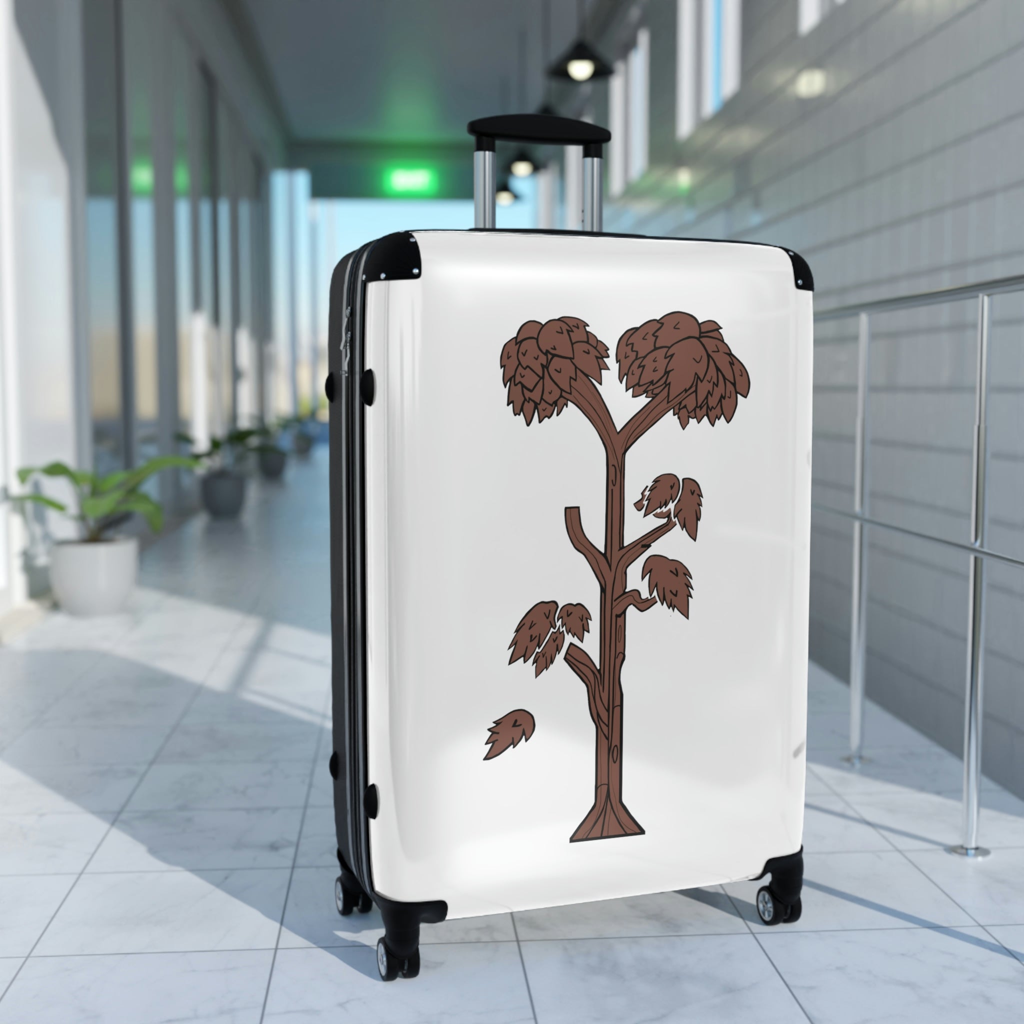 Tree Cabin Suitcase with personalized design, showcasing its polycarbonate shell and adjustable handle.