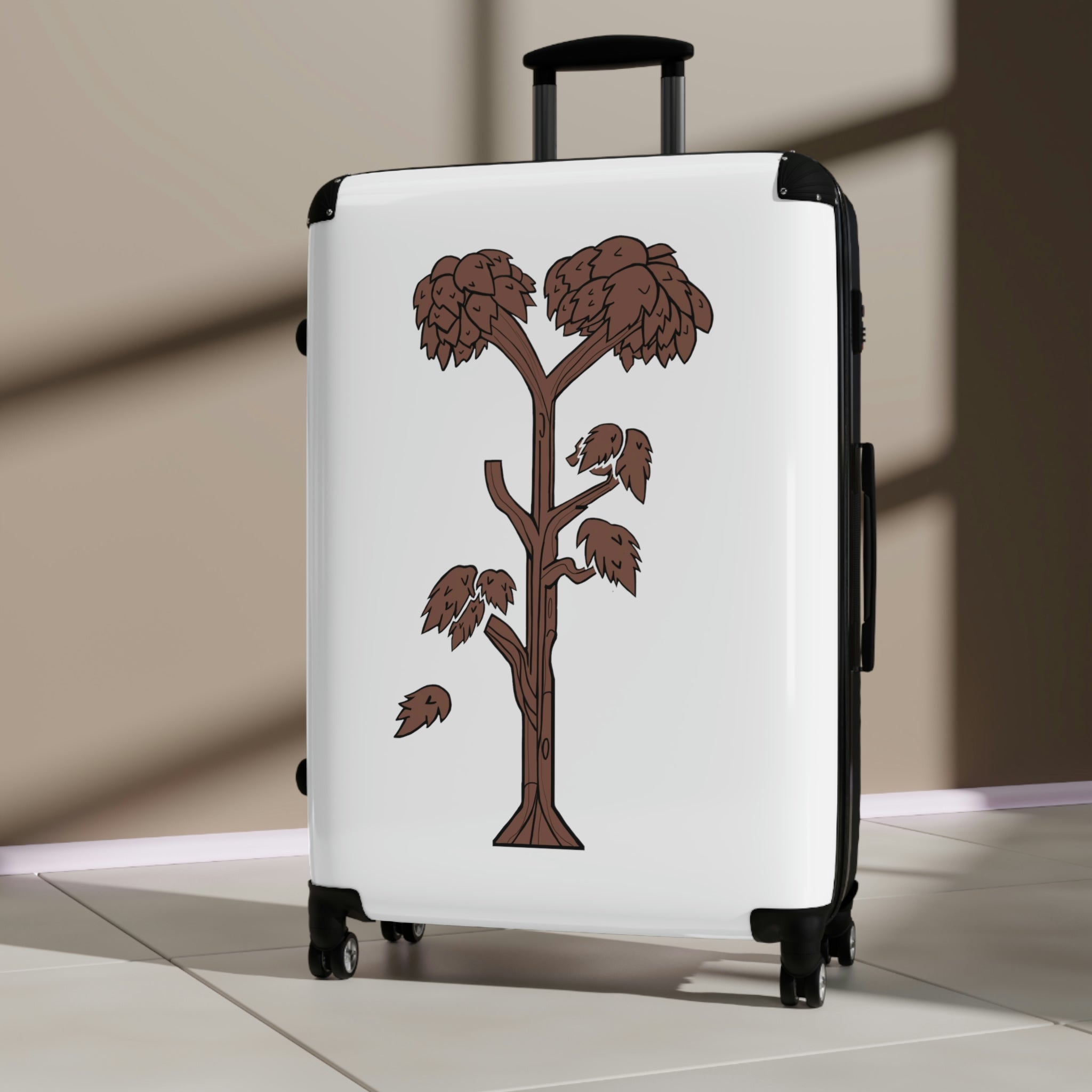 Tree Cabin Suitcase with personalized design, showcasing its polycarbonate shell and adjustable handle.