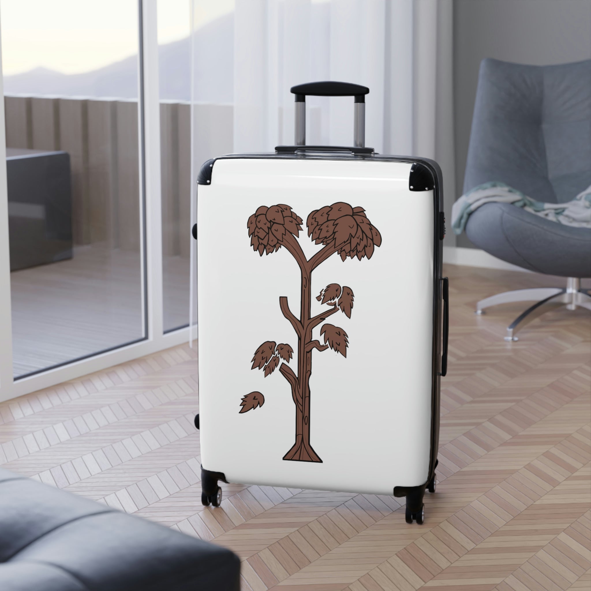 Tree Cabin Suitcase with personalized design, showcasing its polycarbonate shell and adjustable handle.