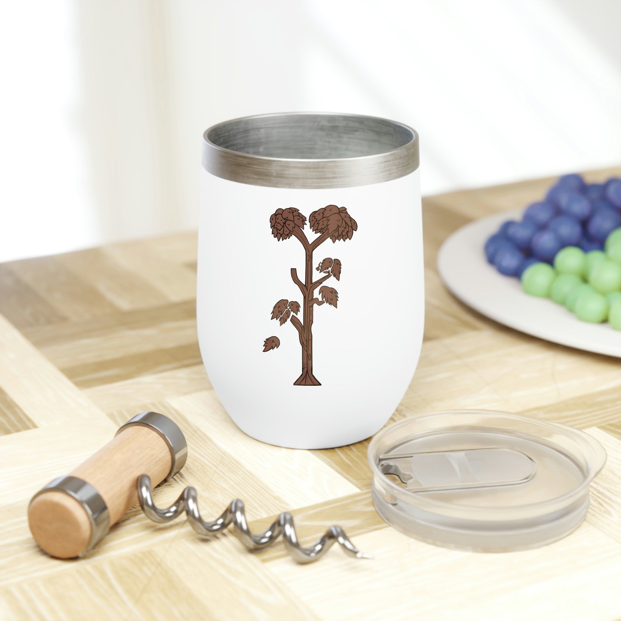 Tree Chill Wine Tumbler in stainless steel with a sleek design, perfect for personalized engraving.