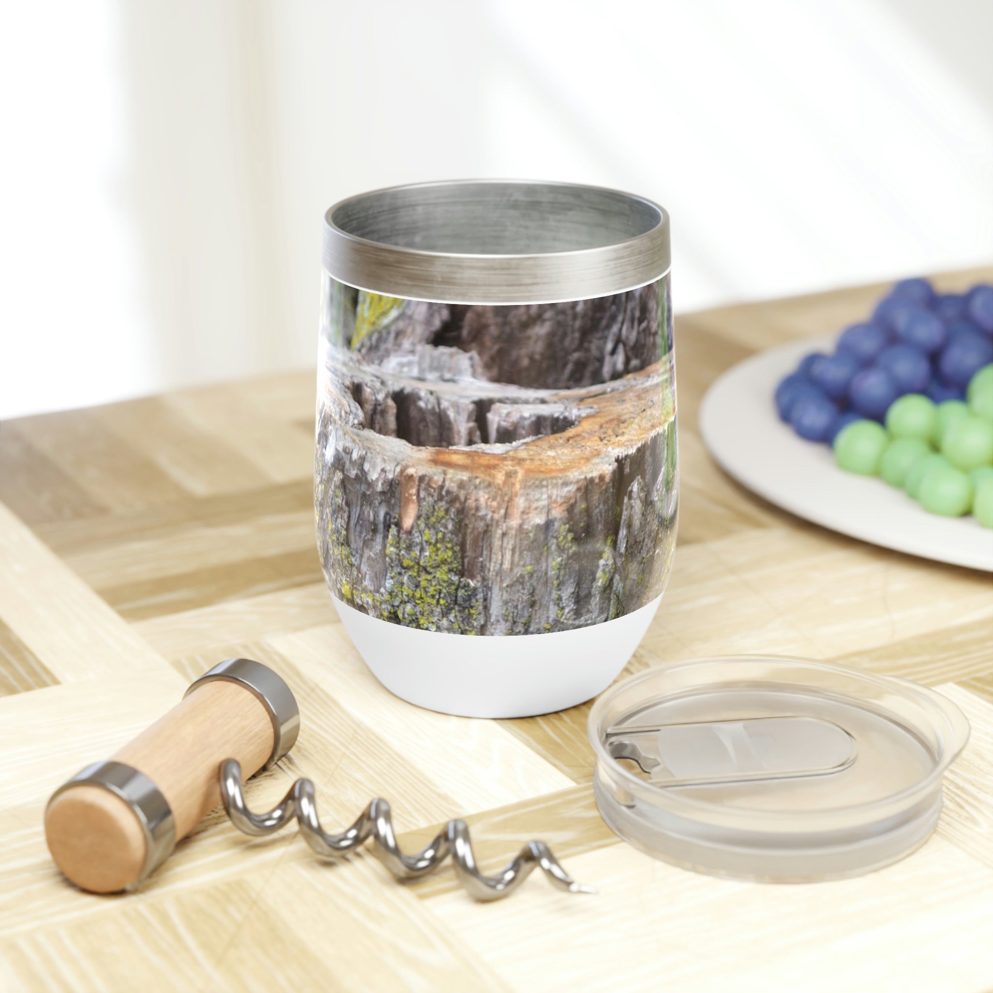 Tree Chill Wine Tumbler in stainless steel with customizable design, perfect for keeping drinks hot or cold.