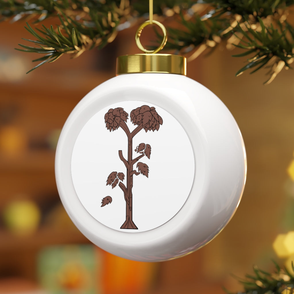 A 3-inch ceramic Christmas ball ornament with a glossy finish, featuring a gold ribbon for hanging and a vintage style design.