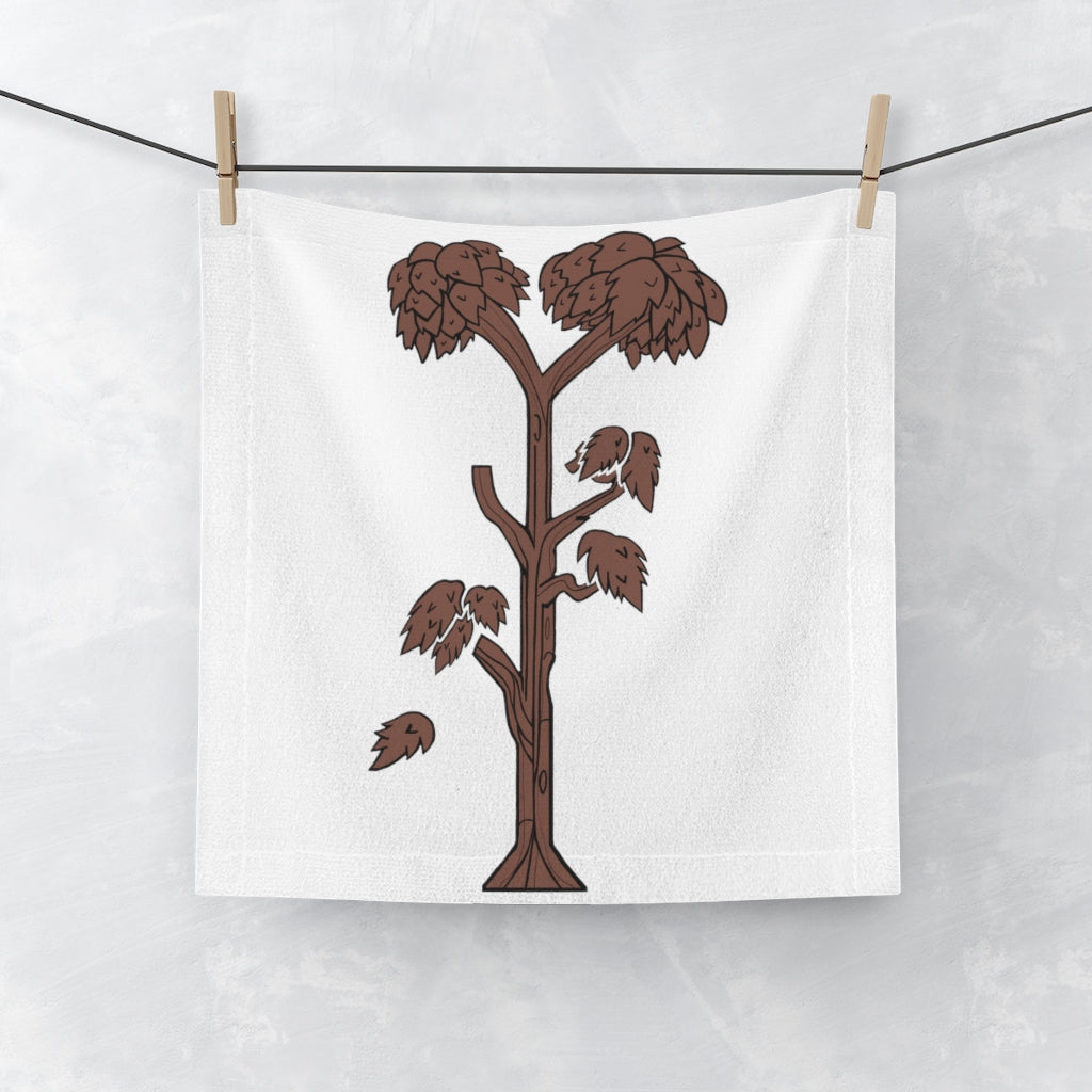 A vibrant Tree Face Towel featuring a customizable polyester front and soft cotton back, perfect for bathroom use.