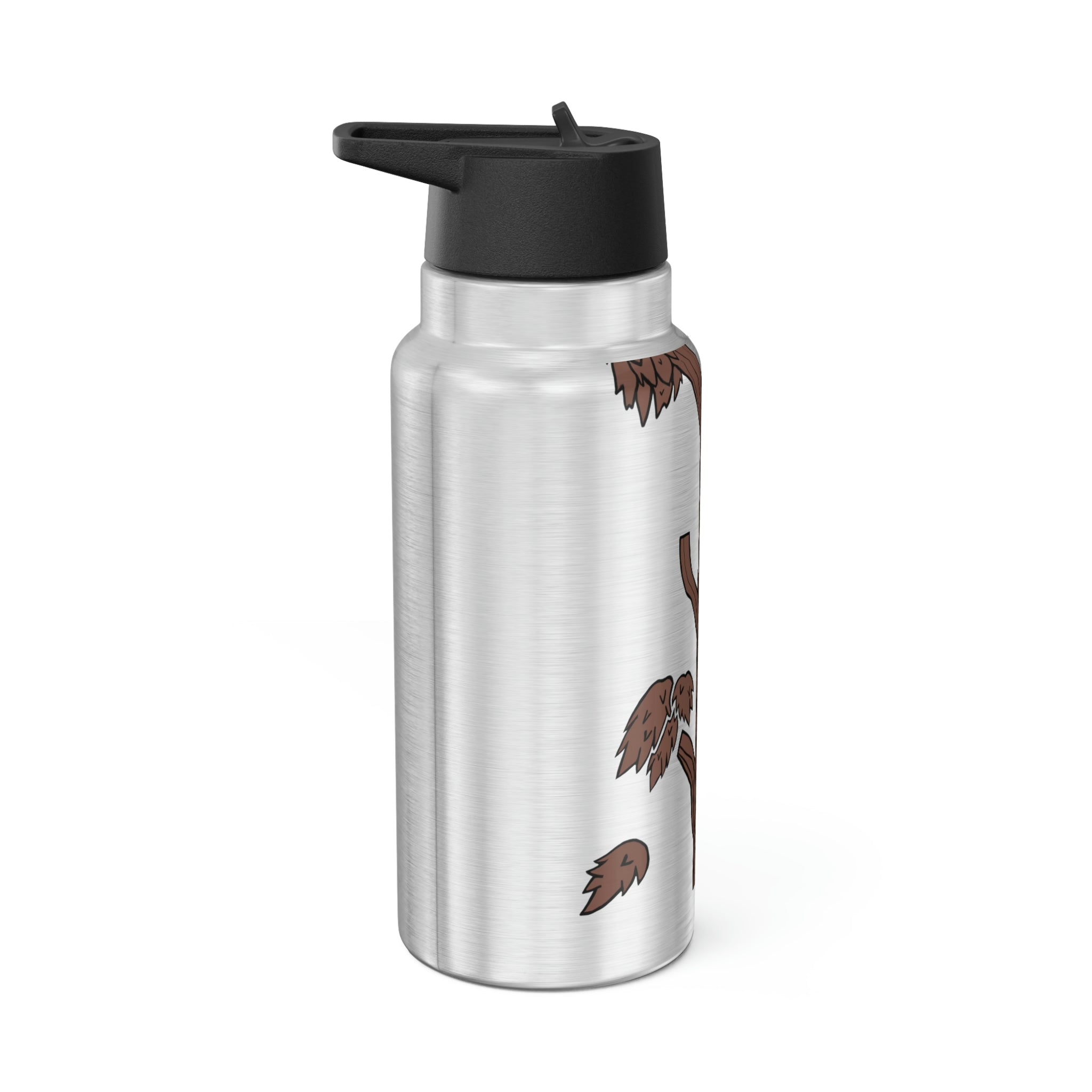 Tree Gator Tumbler, 32oz in stainless steel with a black screw-on cap and a plastic straw, showcasing customizable design options.