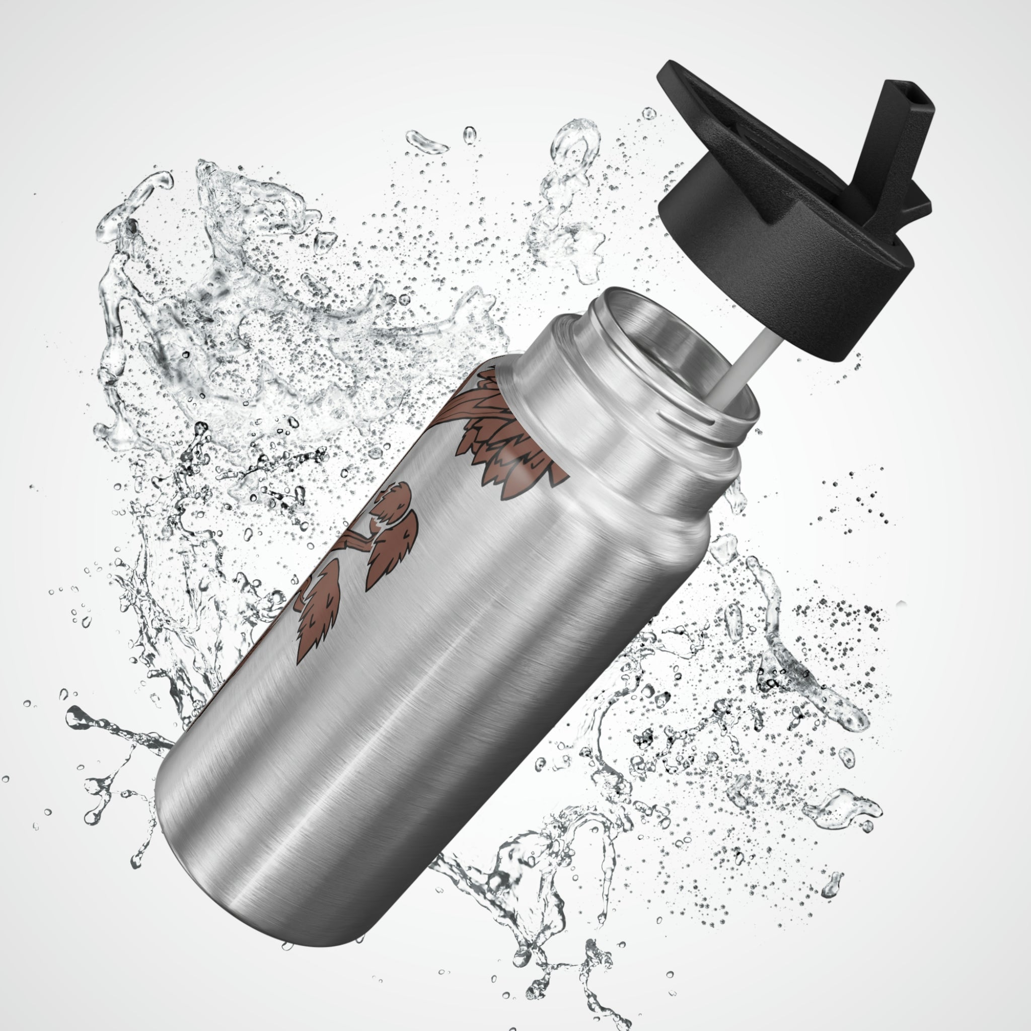 Tree Gator Tumbler, 32oz in stainless steel with a black screw-on cap and a plastic straw, showcasing customizable design options.