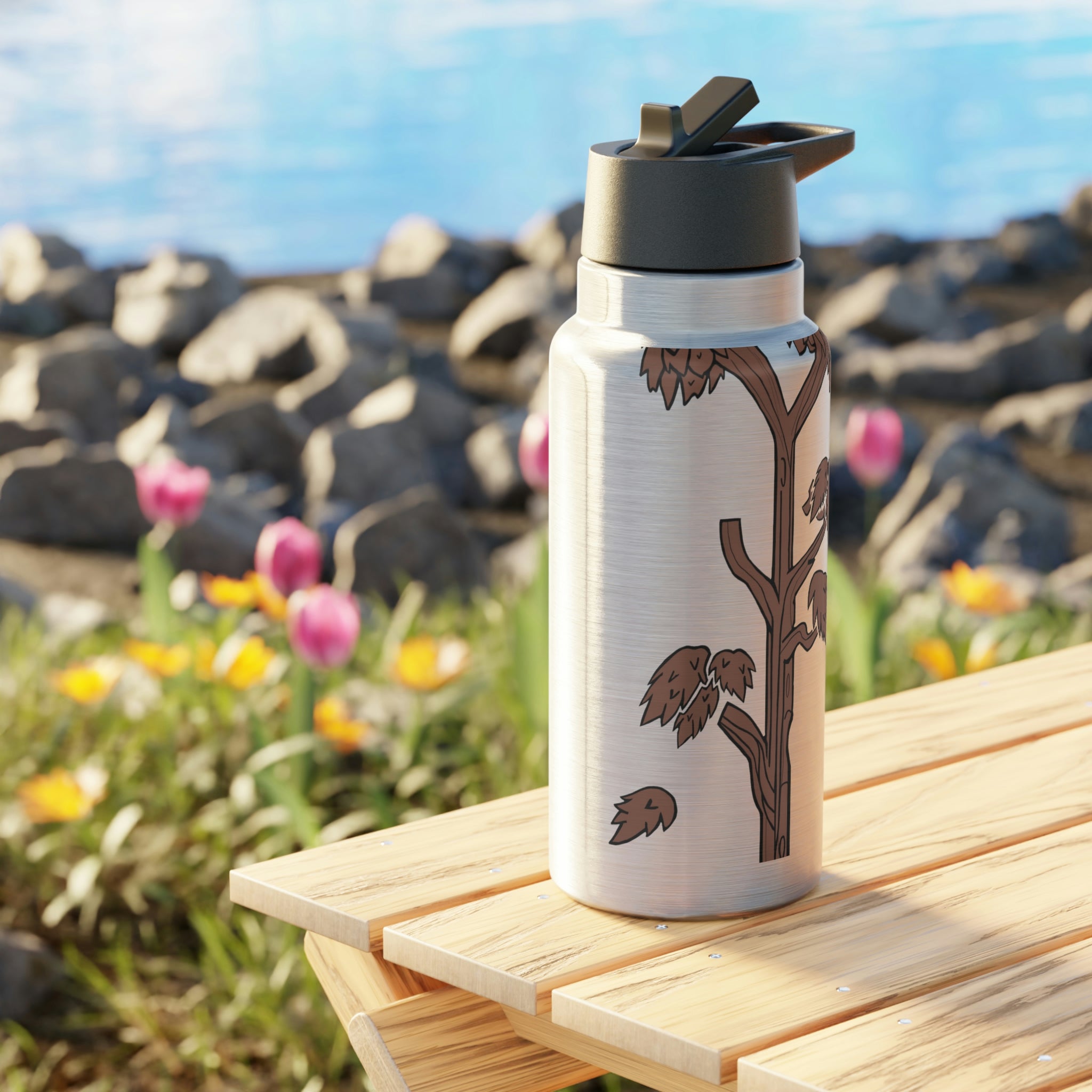 Tree Gator Tumbler, 32oz in stainless steel with a black screw-on cap and a plastic straw, showcasing customizable design options.