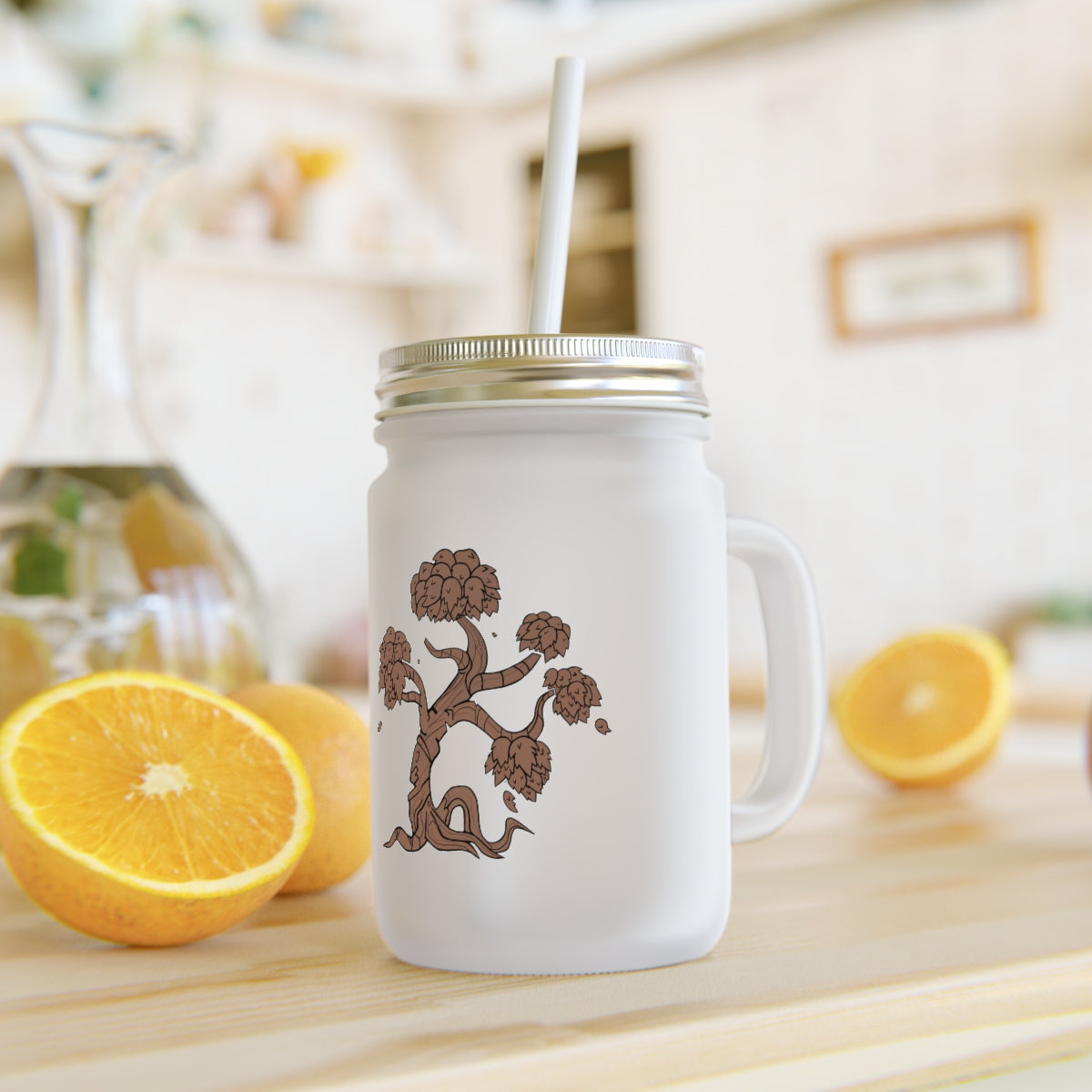 A personalized Tree Mason Jar made of frosted glass, featuring a straw and lid, perfect for drinks like lemonade and cocktails.