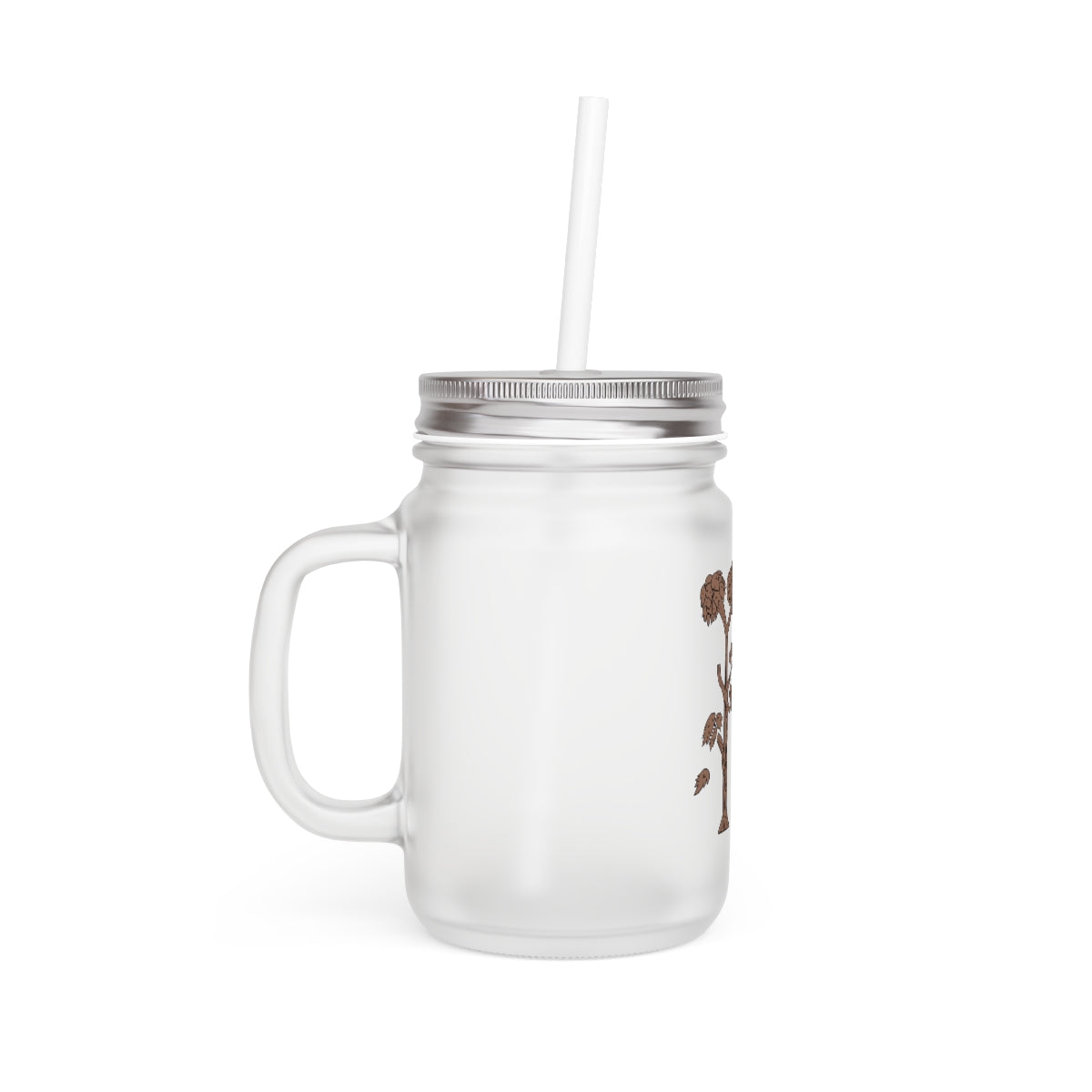 A stylish Tree Mason Jar made of frosted glass, featuring a lid and straw, perfect for personalized drinks.