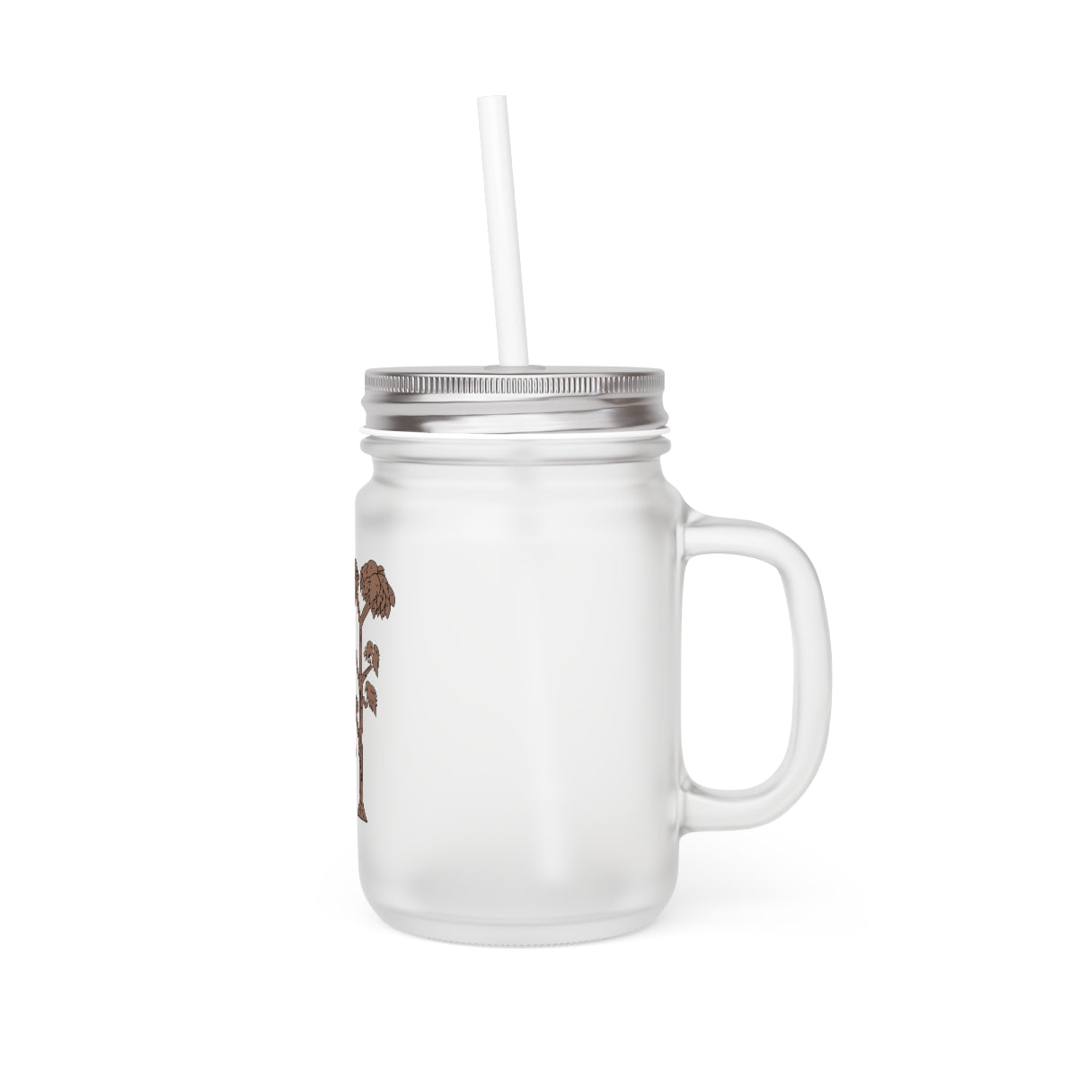 A stylish Tree Mason Jar made of frosted glass, featuring a lid and straw, perfect for personalized drinks.