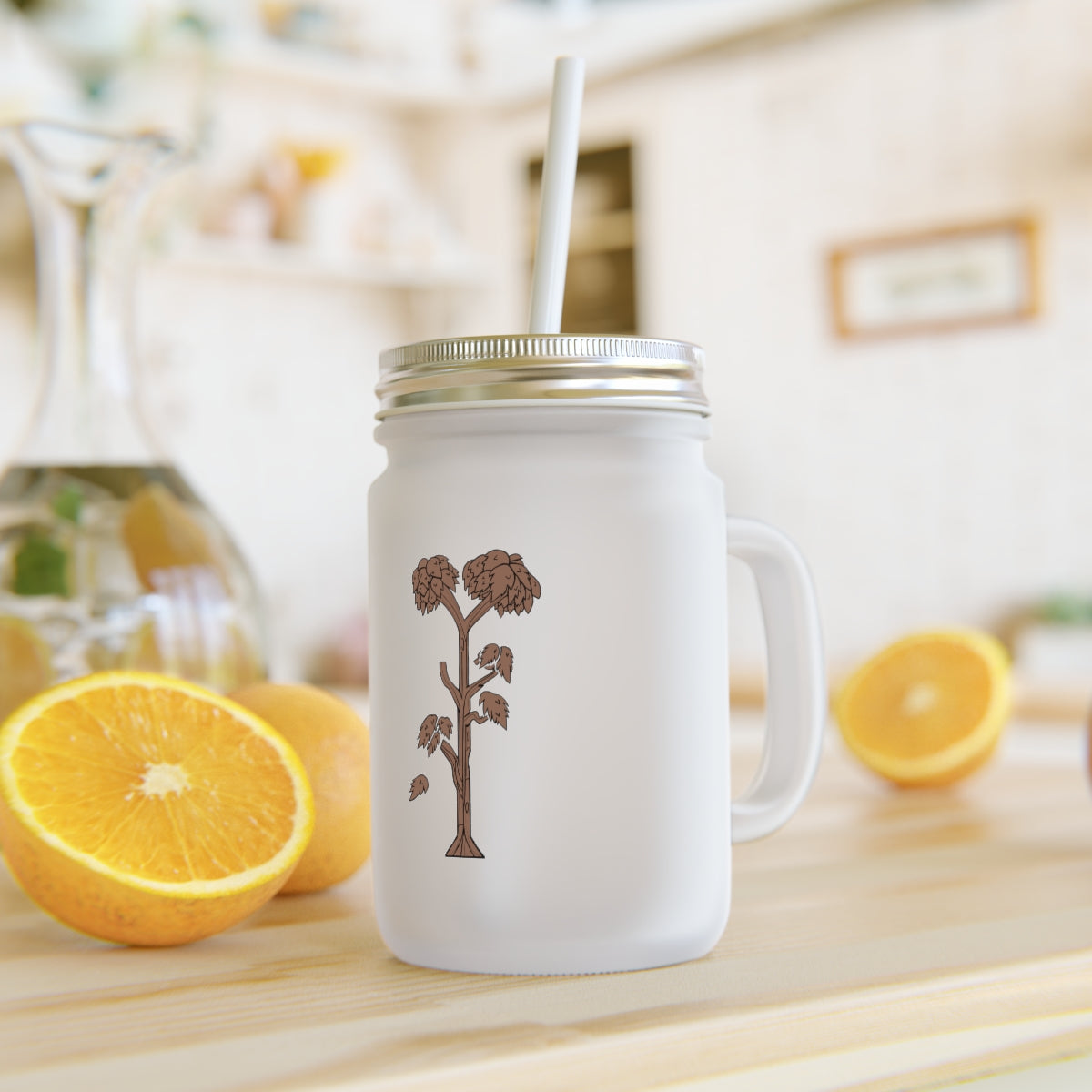 A stylish Tree Mason Jar made of frosted glass, featuring a lid and straw, perfect for personalized drinks.