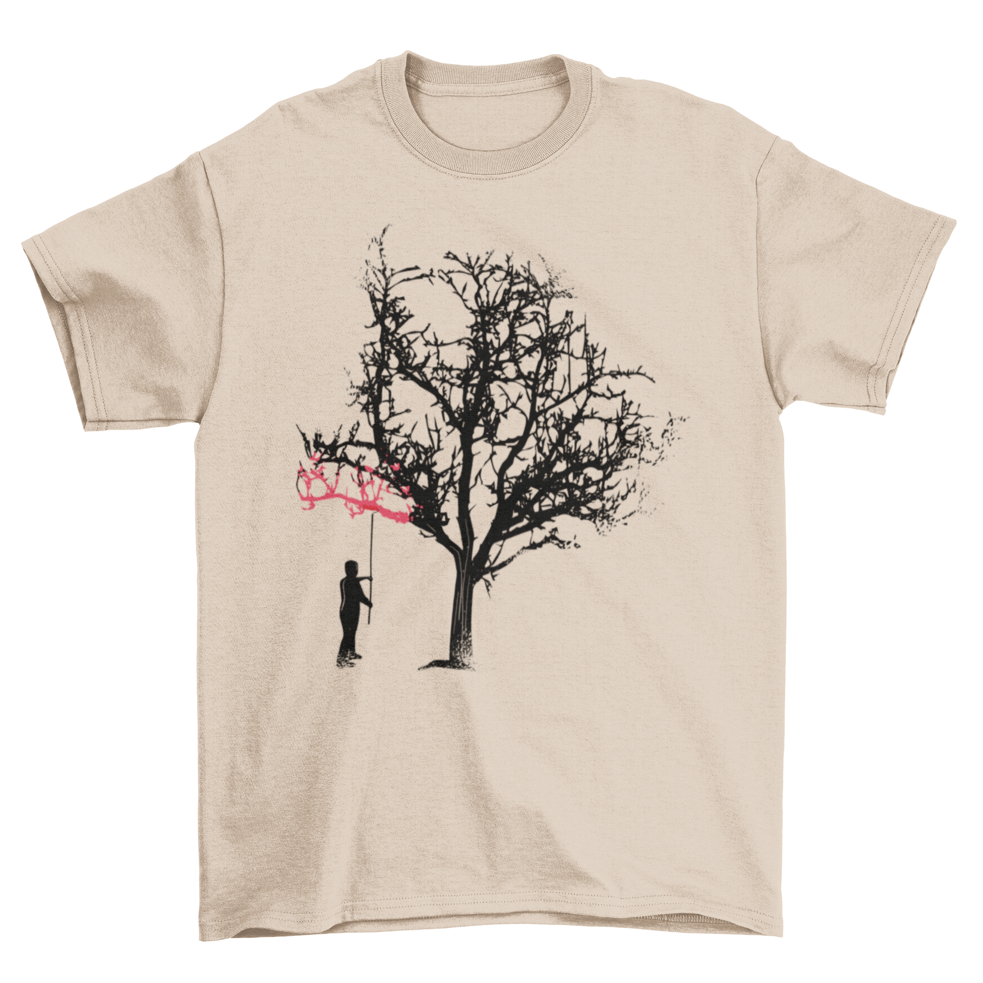 Tree Painting T-Shirt featuring a white tree silhouette and a man painting branches in red.