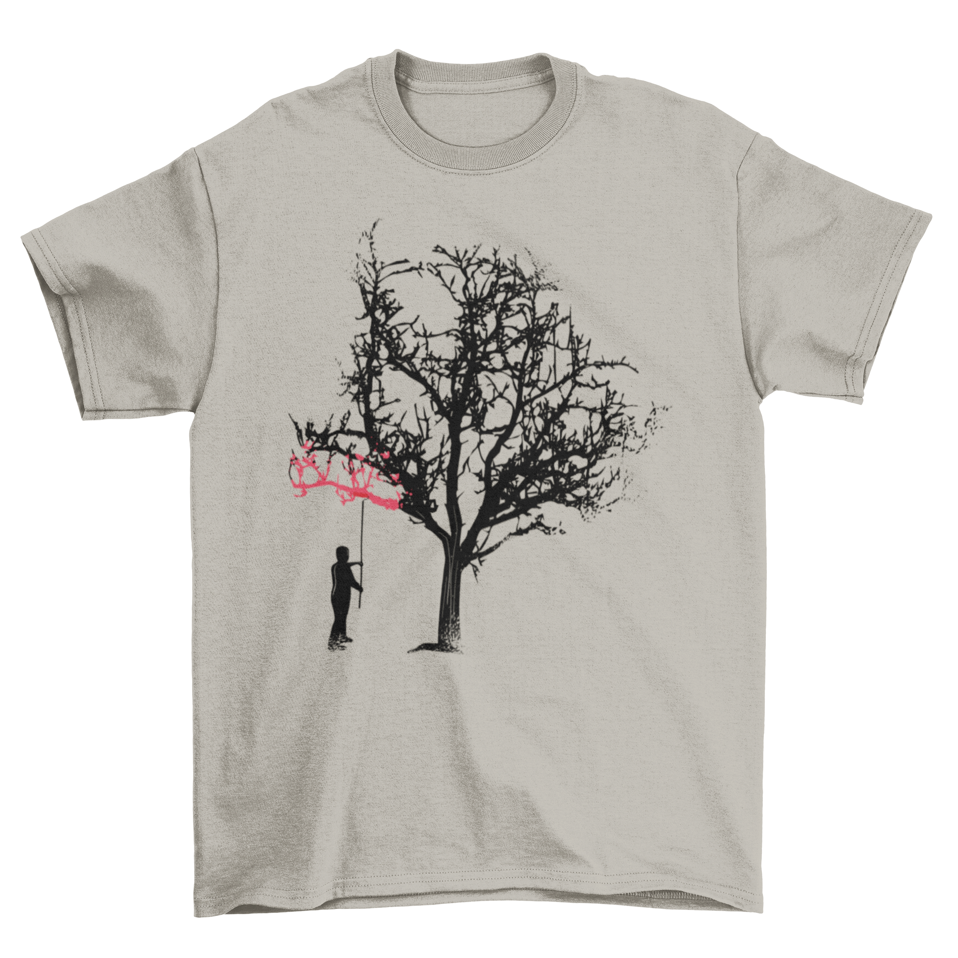 Tree Painting T-Shirt featuring a white tree silhouette and a man painting branches in red.