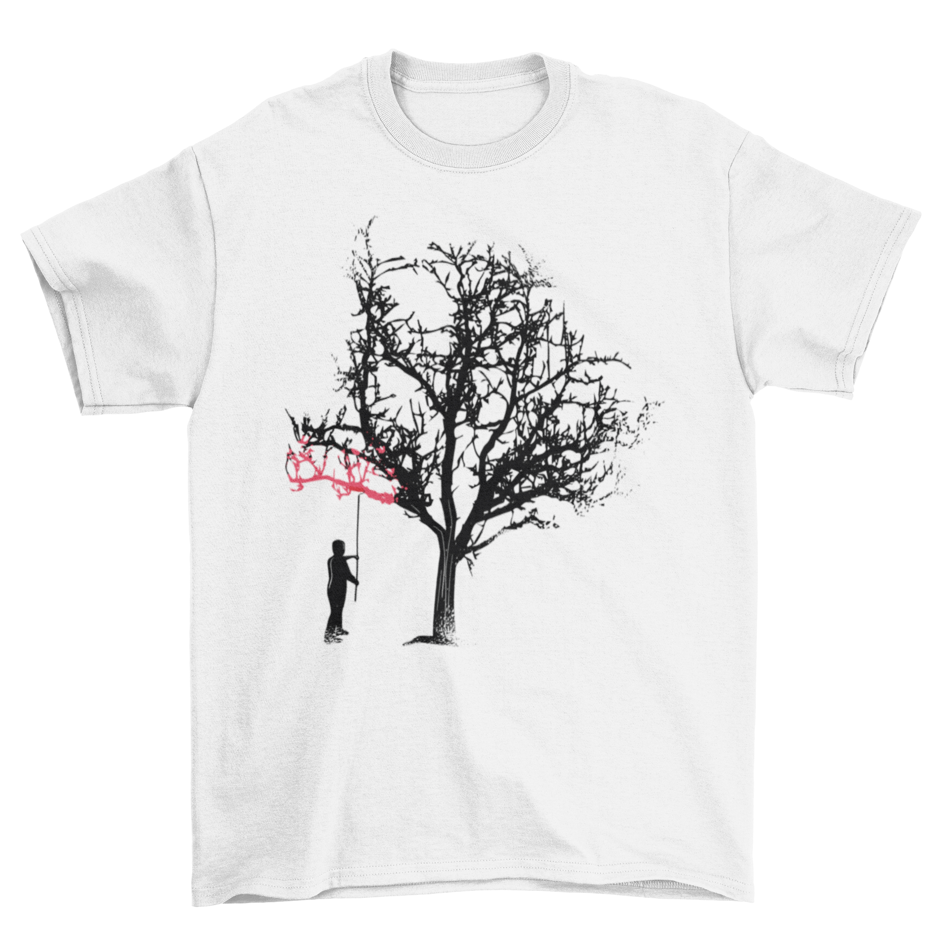 Tree Painting T-Shirt featuring a white tree silhouette and a man painting branches in red.