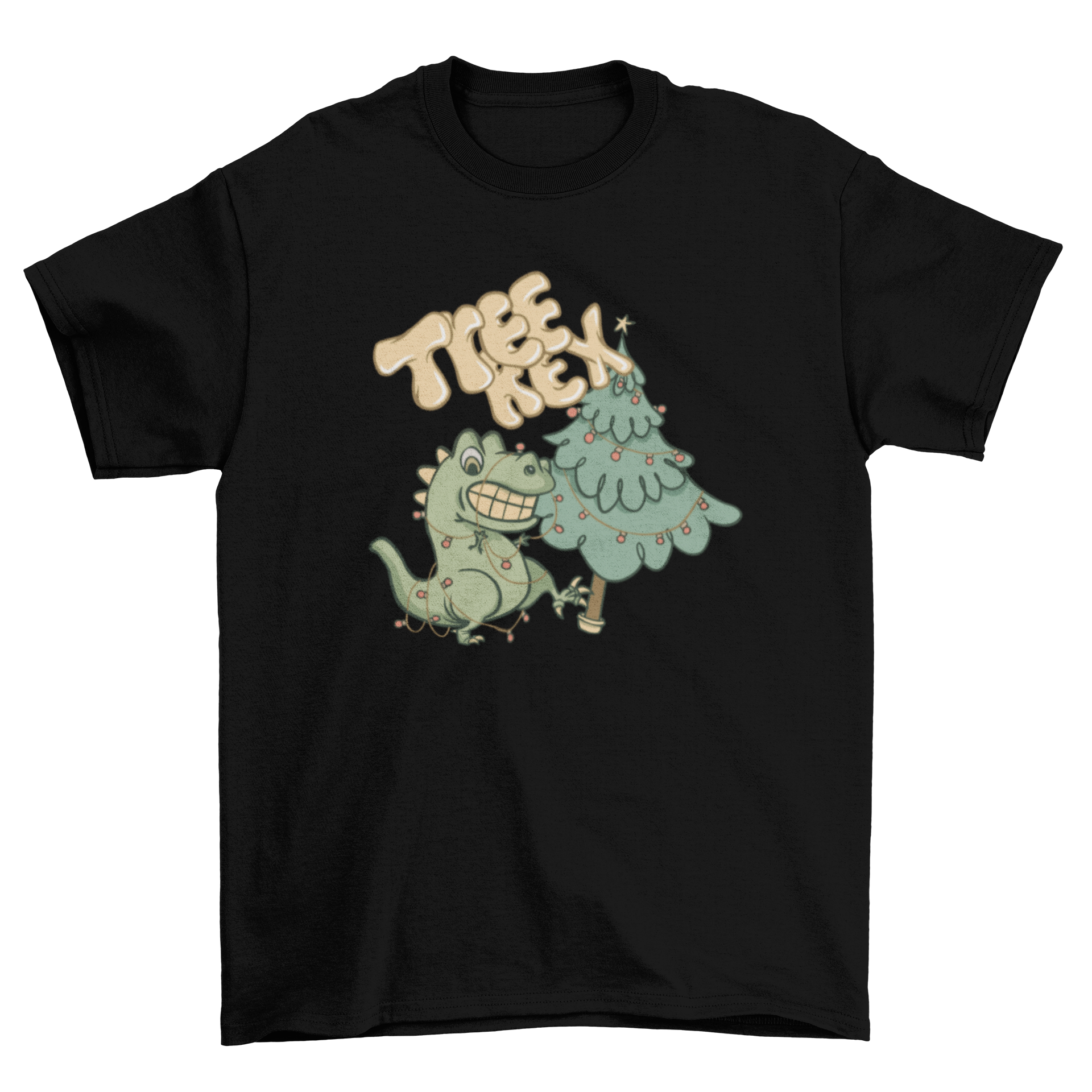 A humorous Tree Rex T-shirt featuring a T-rex and Christmas tree design with the caption 'Tree Rex'.