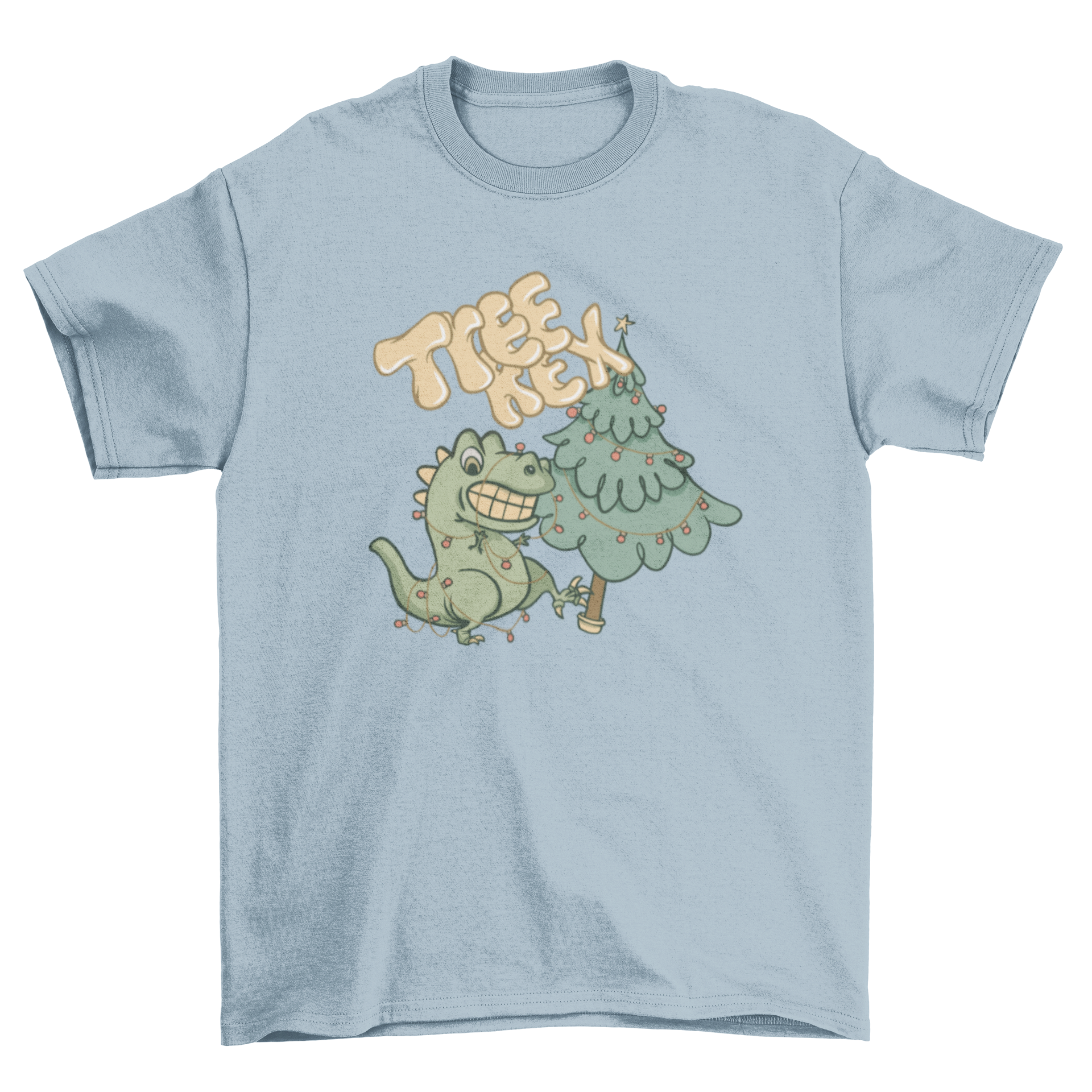 A humorous Tree Rex T-shirt featuring a T-rex and Christmas tree design with the caption 'Tree Rex'.