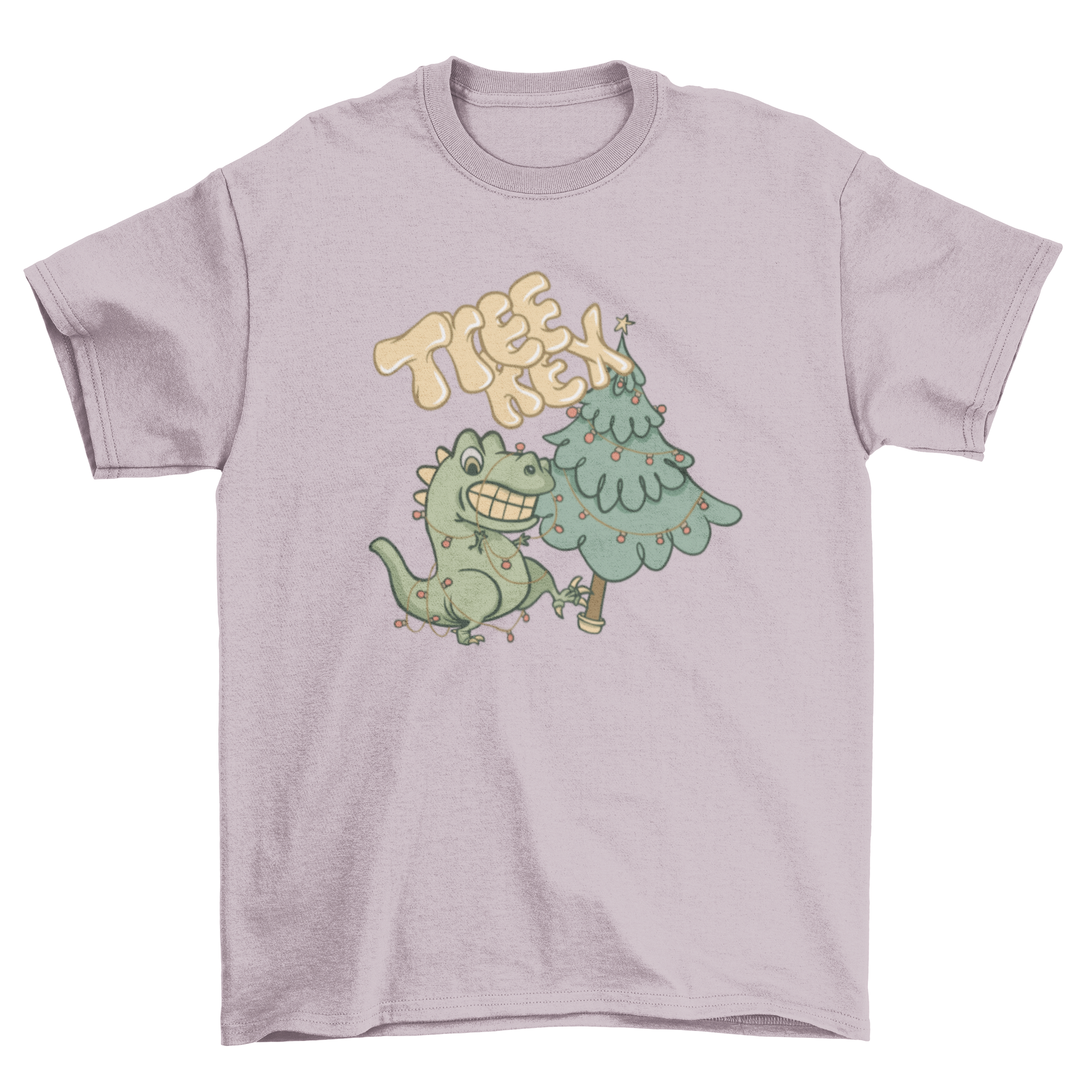 A humorous Tree Rex T-shirt featuring a T-rex and Christmas tree design with the caption 'Tree Rex'.