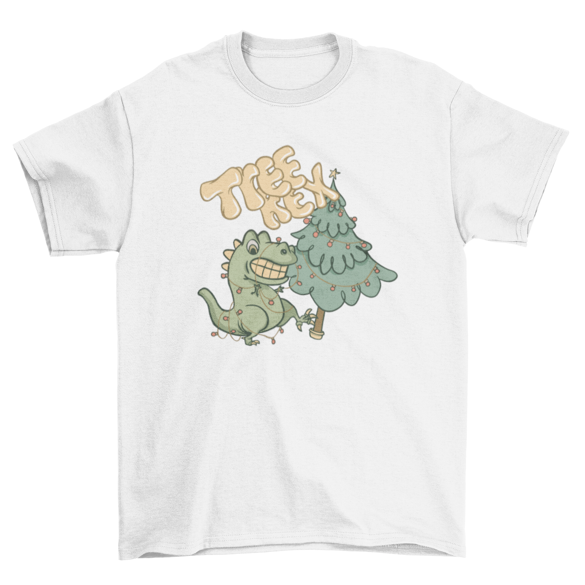 A humorous Tree Rex T-shirt featuring a T-rex and Christmas tree design with the caption 'Tree Rex'.