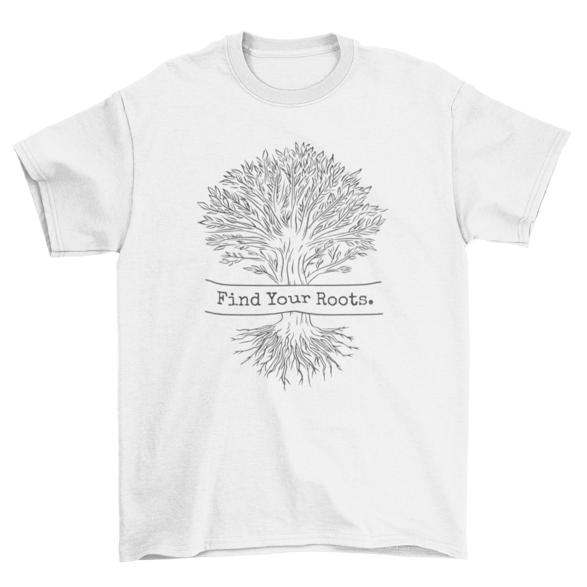 Tree roots line art t-shirt featuring an intricate tree design and the quote 'Find your roots'.