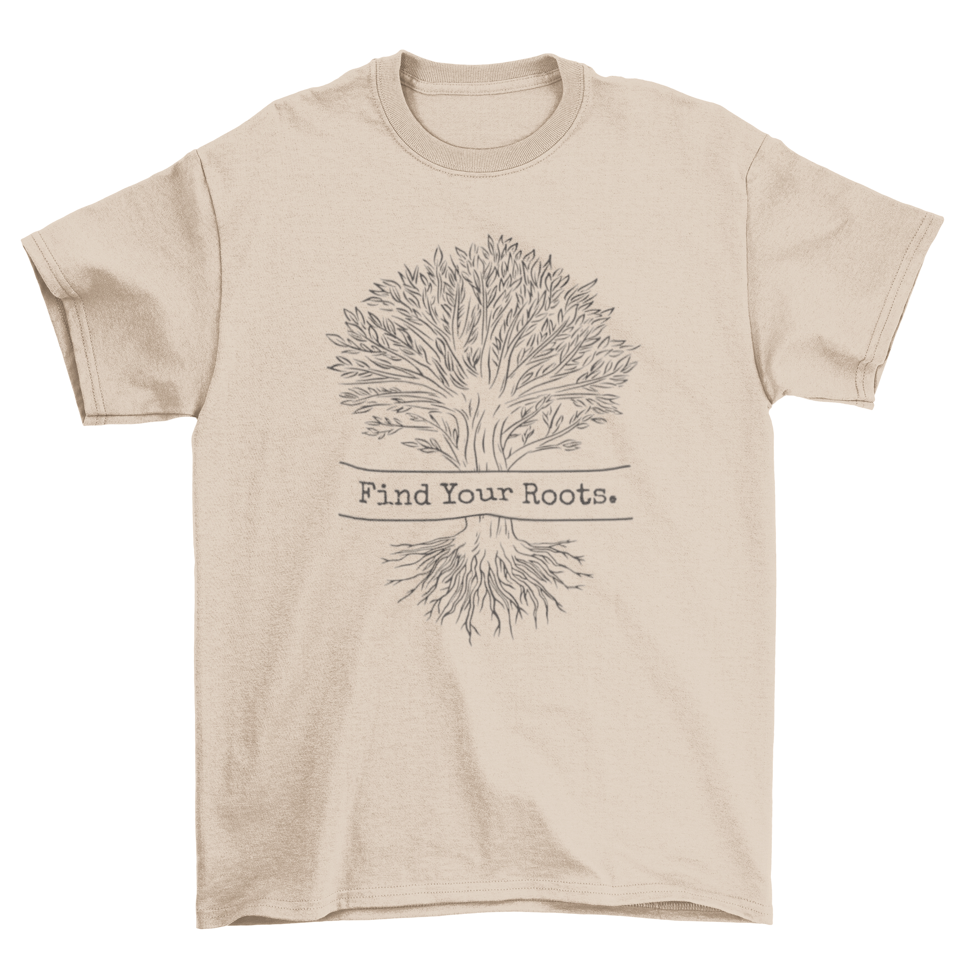 Tree roots line art t-shirt featuring an intricate tree design and the quote 'Find your roots'.