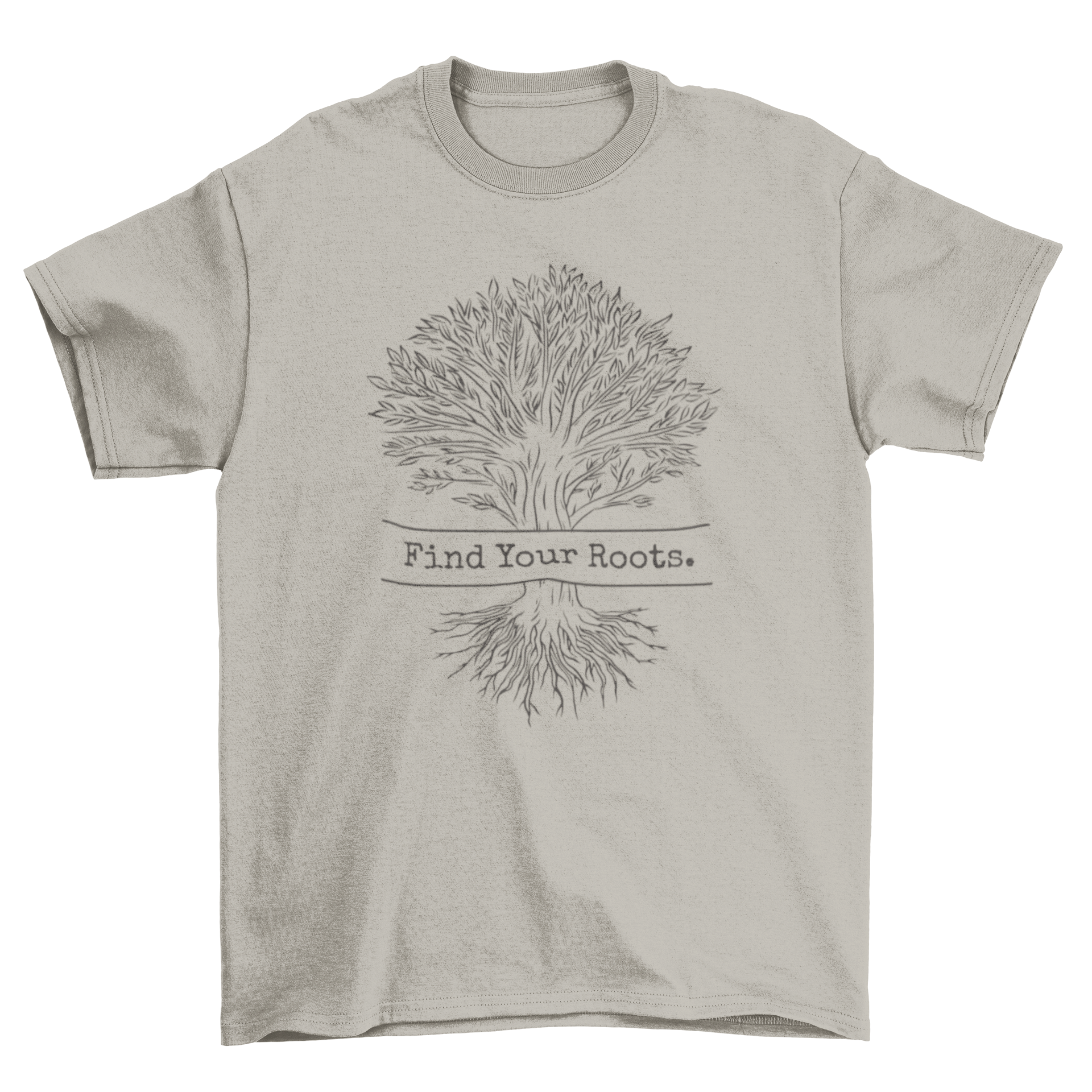 Tree roots line art t-shirt featuring an intricate tree design and the quote 'Find your roots'.