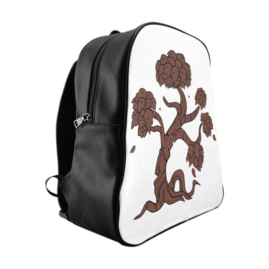 Tree School Backpack made of 100% PU leather with chocolate brown lining, featuring padded back and inside pockets for organization.