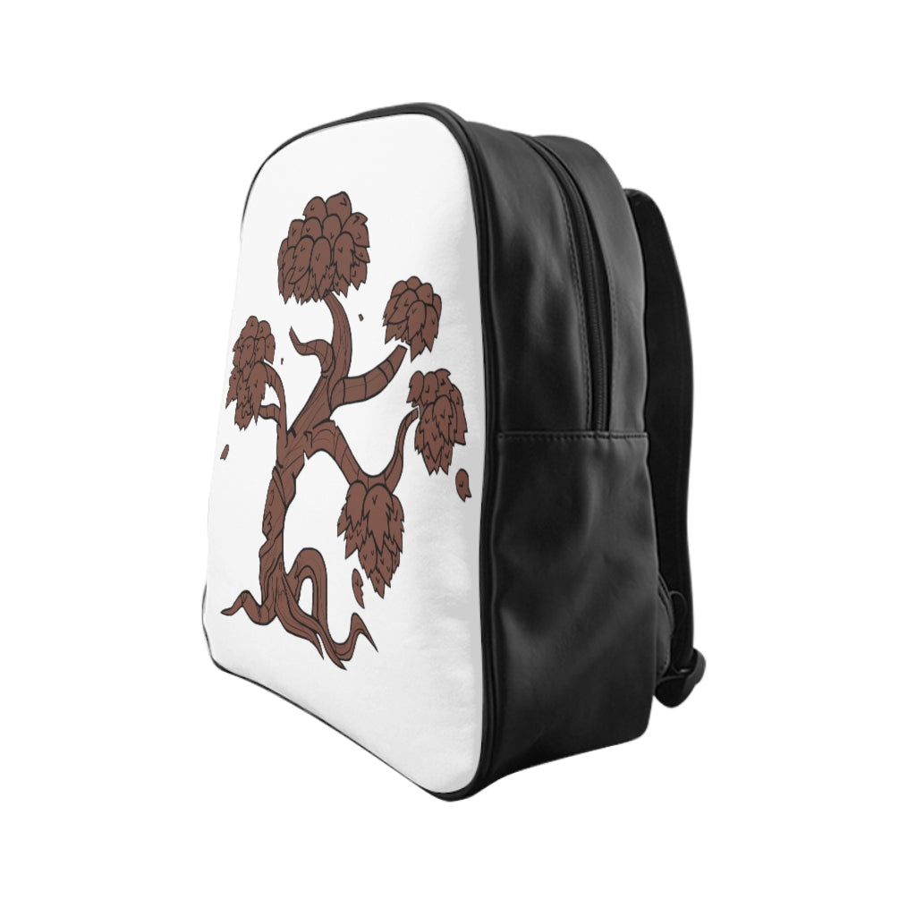 Tree School Backpack made of 100% PU leather with chocolate brown lining, featuring padded back and inside pockets for organization.