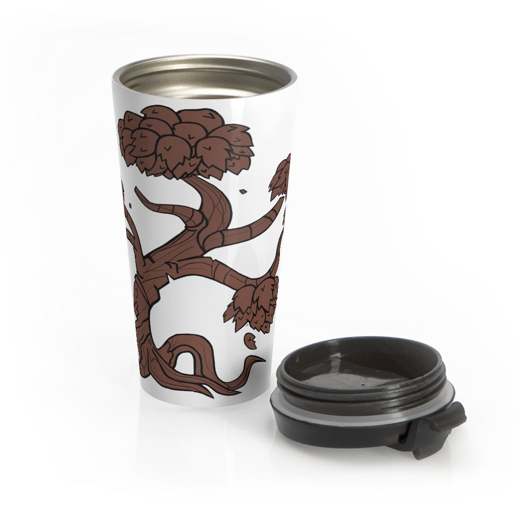 Tree Stainless Steel Travel Mug with black lid and vibrant design, perfect for coffee and tea lovers.