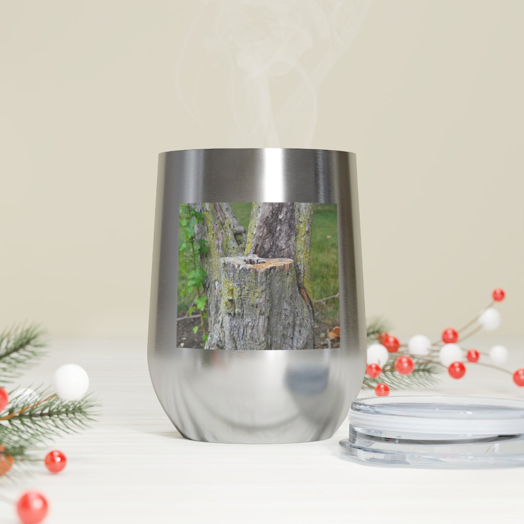 Tree Stump 12oz Insulated Wine Tumbler with clear lid and stainless steel body, perfect for hot and cold beverages.