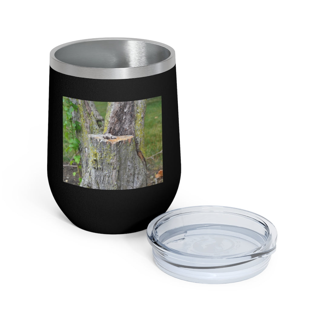 Tree Stump 12oz Insulated Wine Tumbler with clear lid and stainless steel body, perfect for hot and cold beverages.